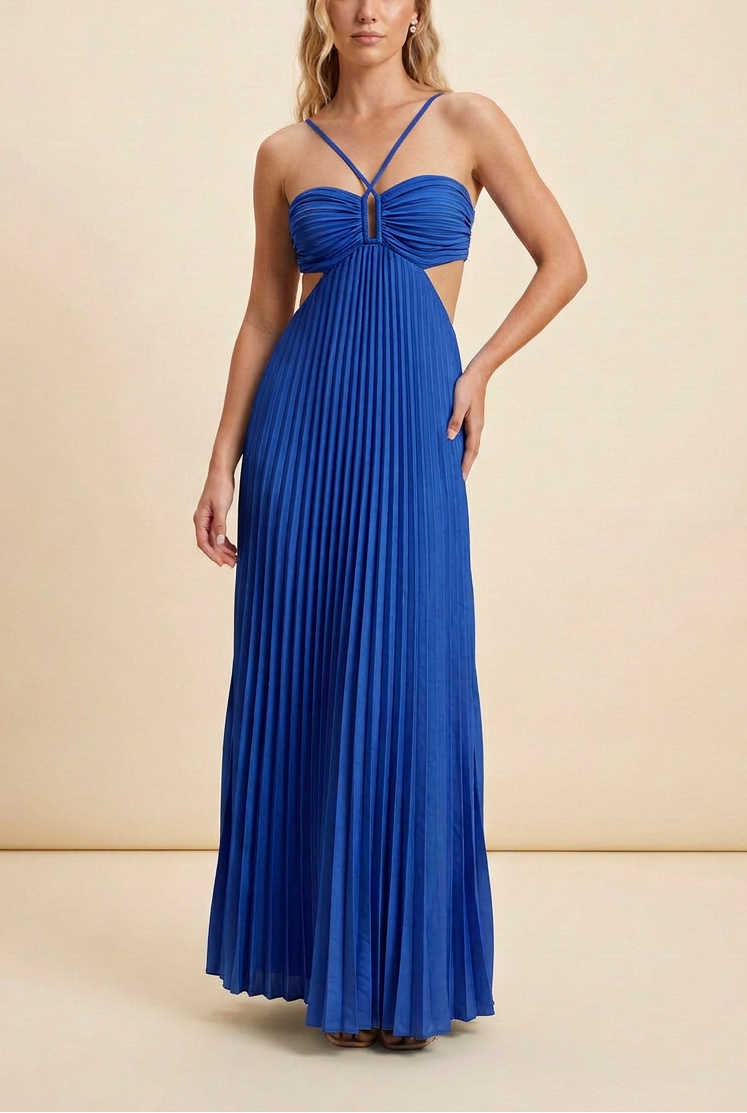 Halter Neck Pleated Satin Open-Back Maxi Dress