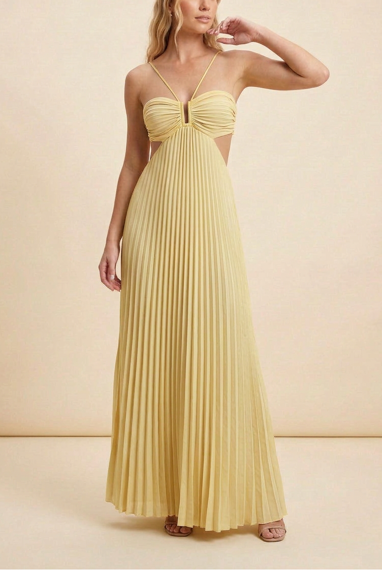 Halter Neck Pleated Satin Open-Back Maxi Dress