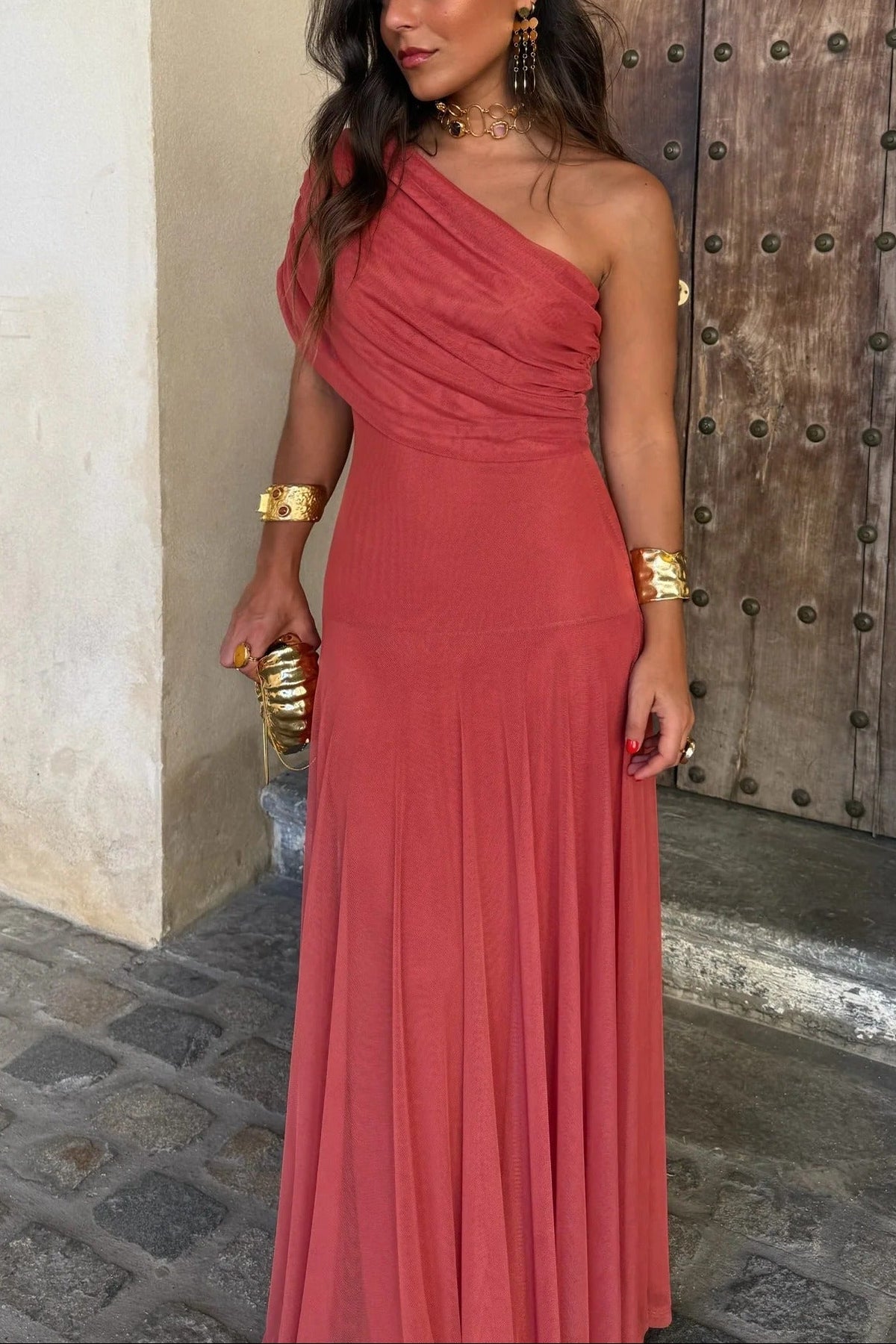 One-Shoulder Mesh Maxi Dress With Full Lining