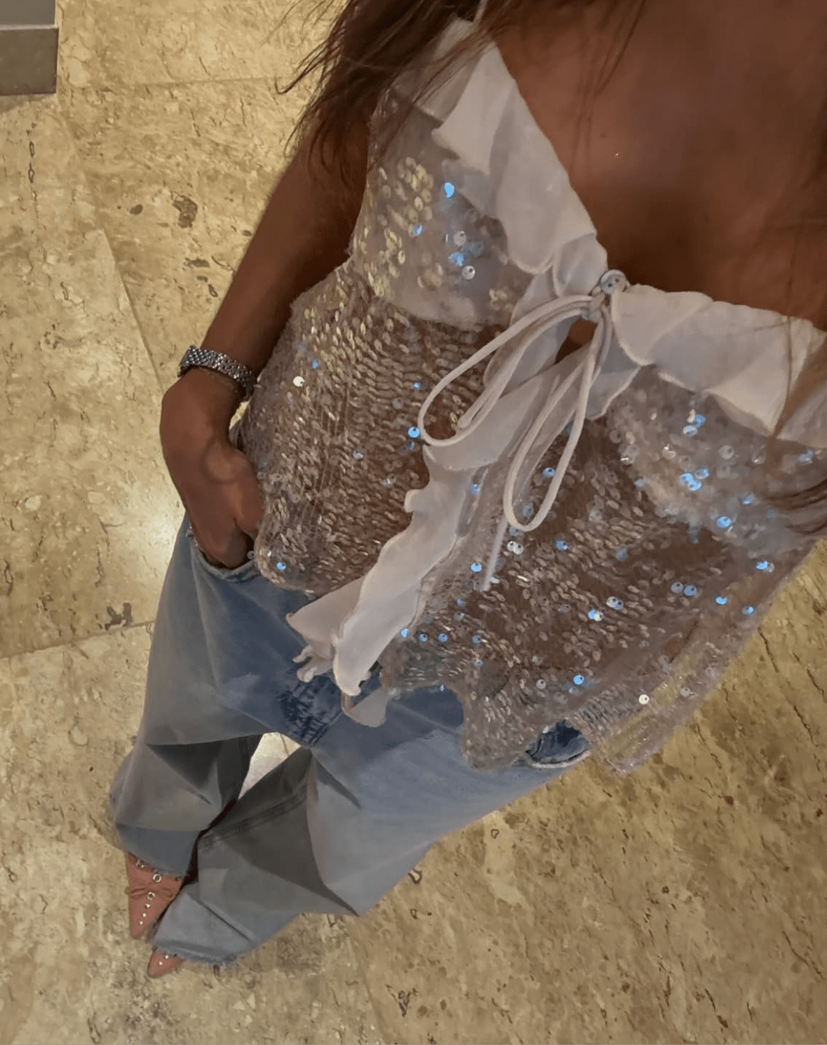 Ruffled Sequin Party Top with Bow Detail