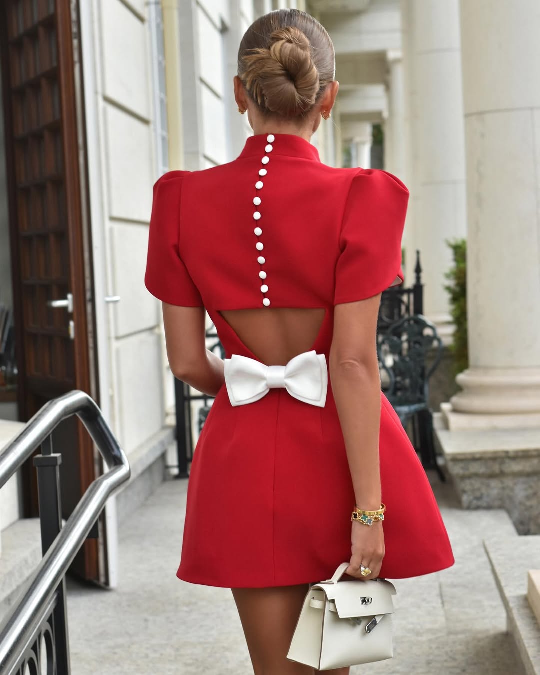O-Neck Mini Dress with Bow Detail