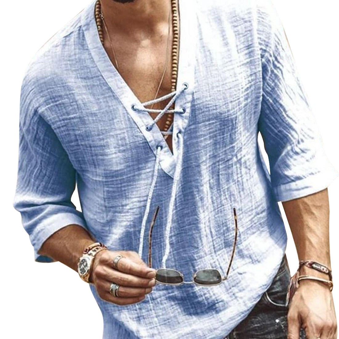 Men Open Collar Drawstring Summer Shirt