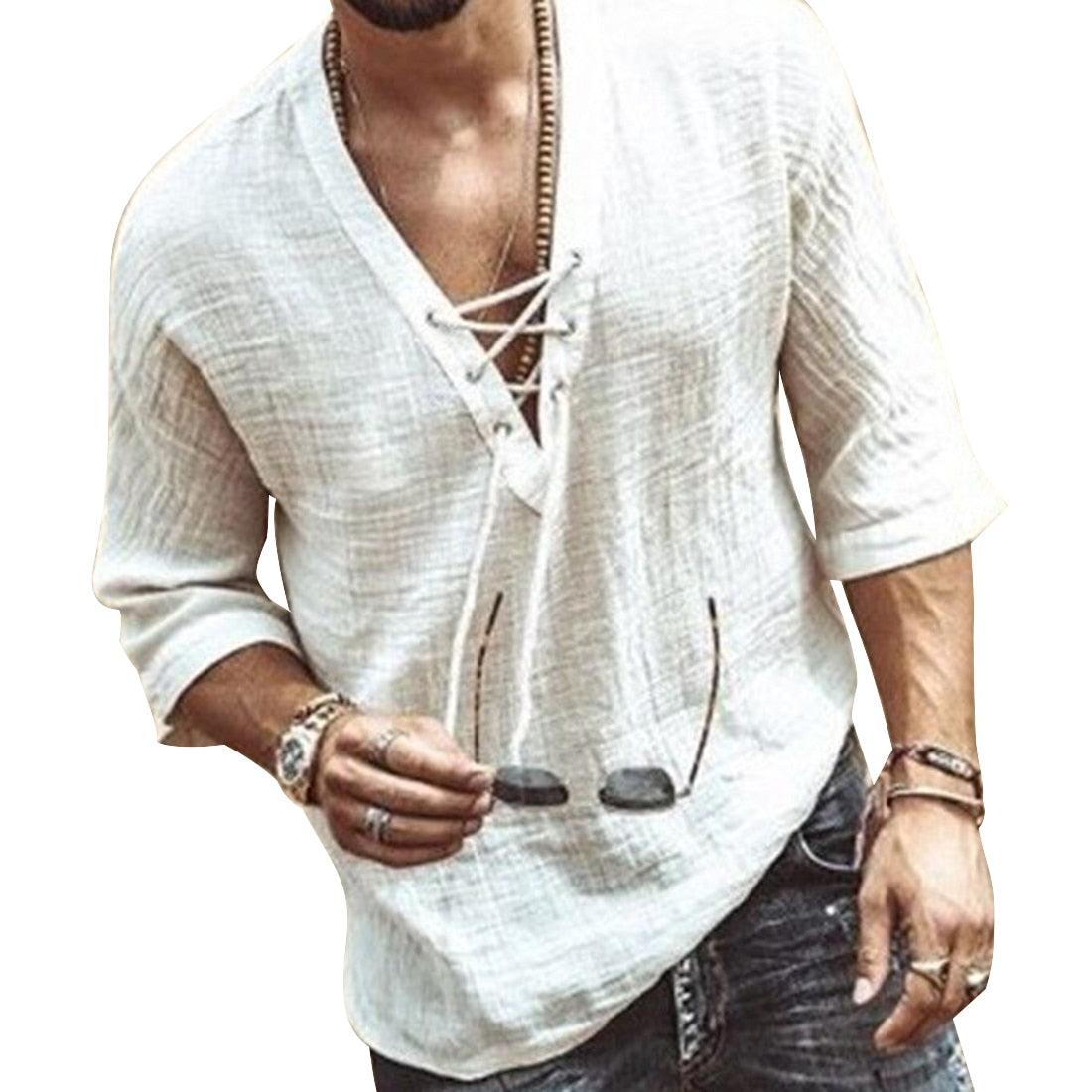 Men Open Collar Drawstring Summer Shirt