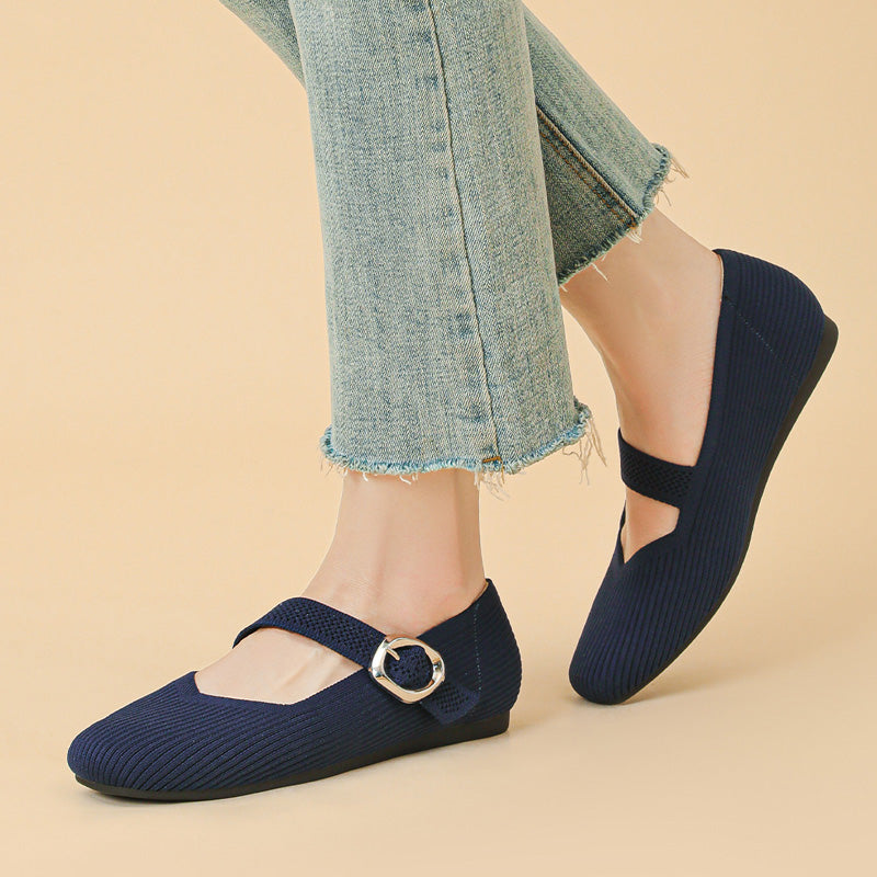 Orthopaedic Mary Jane Flats with Square Toe and Breathable Knit