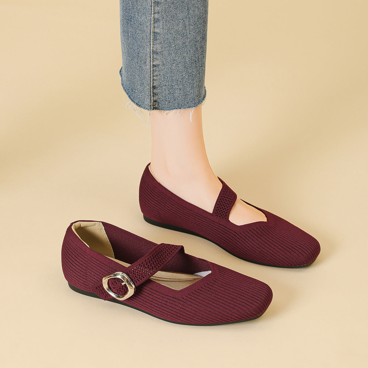 Orthopaedic Mary Jane Flats with Square Toe and Breathable Knit
