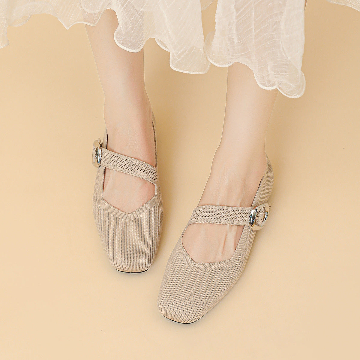 Orthopaedic Mary Jane Flats with Square Toe and Breathable Knit