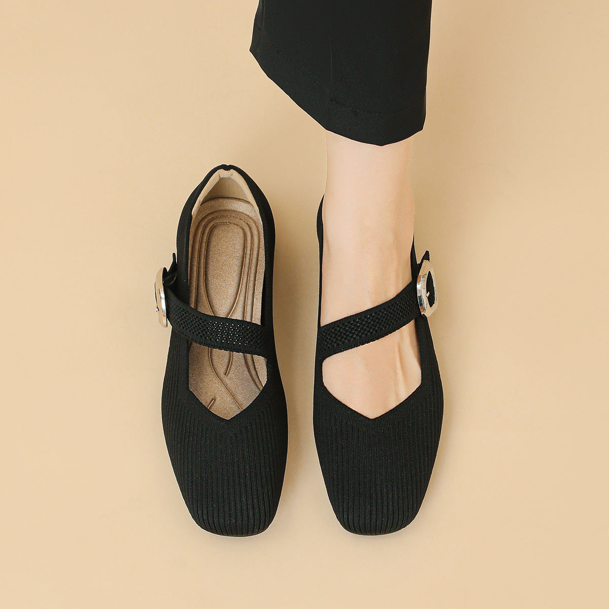 Orthopaedic Mary Jane Flats with Square Toe and Breathable Knit