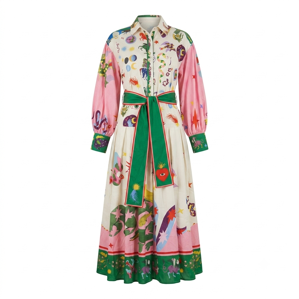 Vintage Print Ankle Length Midi Dress
