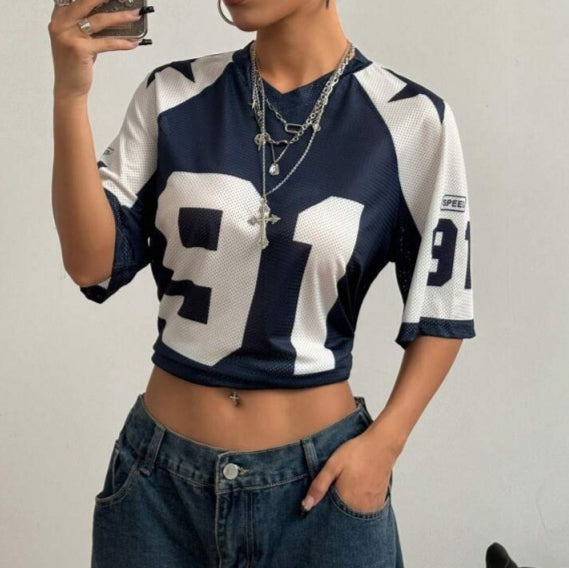 Oversized Varsity Number Print Jersey Top