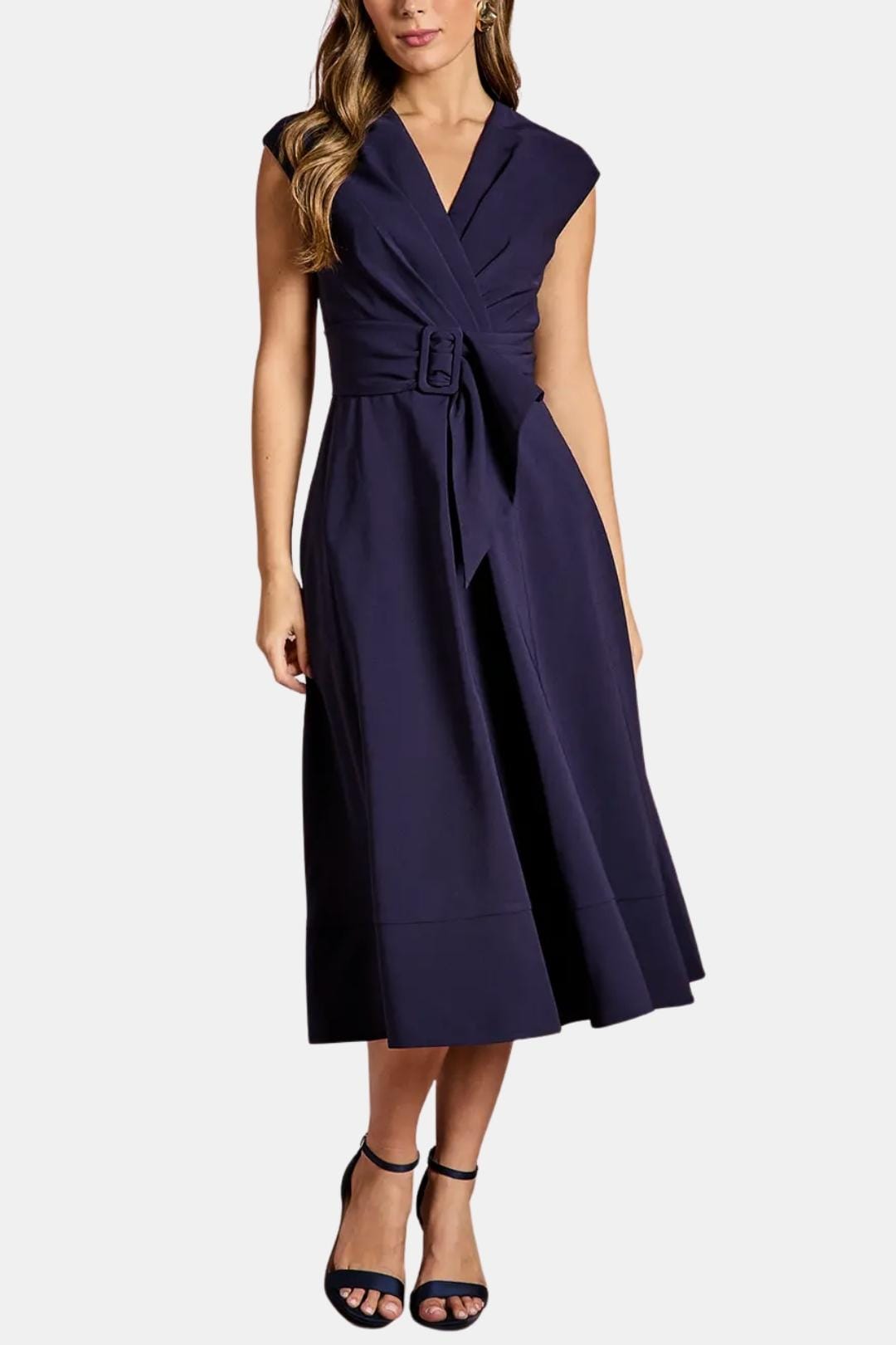 Women's Belted V-Neck Crepe Midi Dress