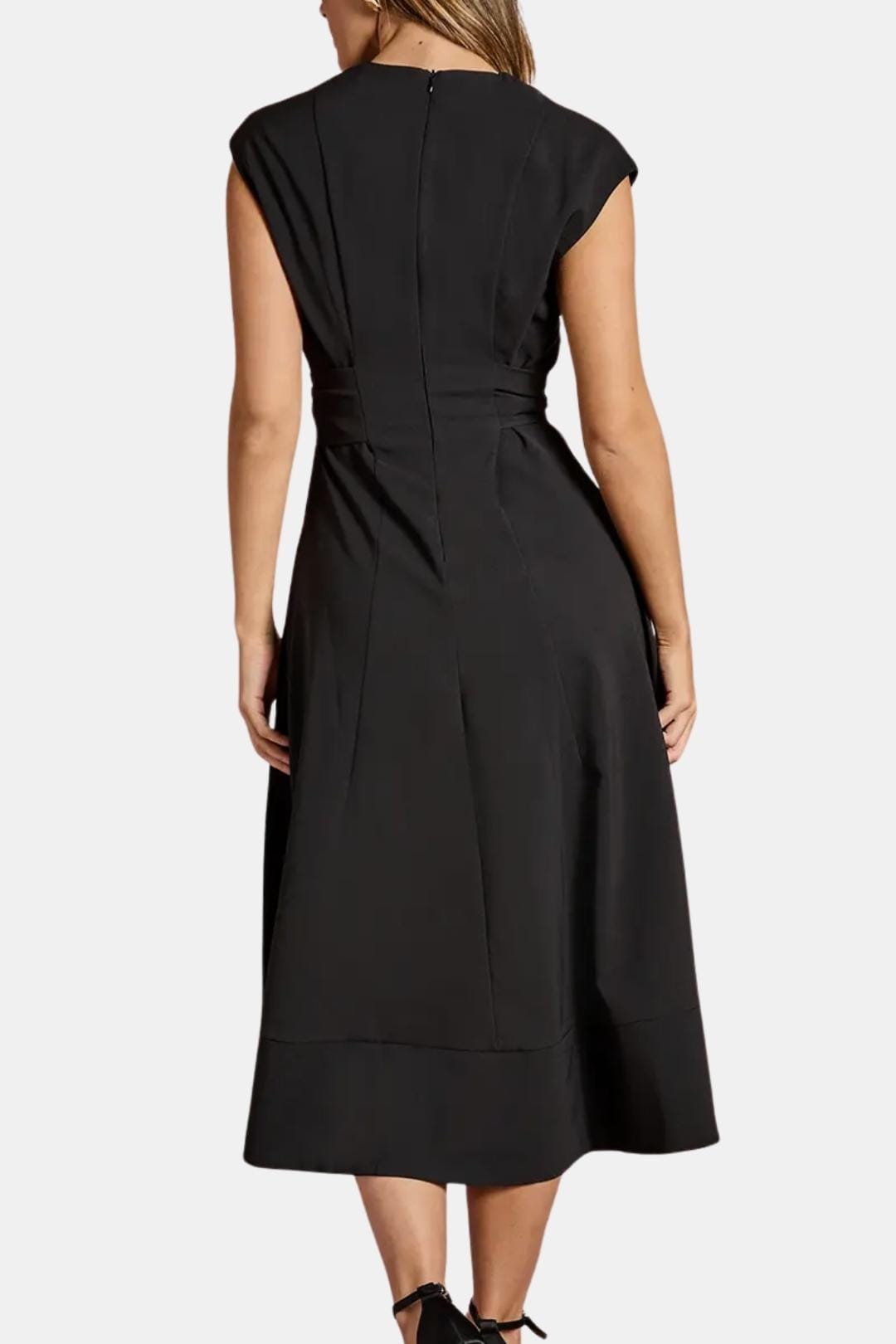 Women's Belted V-Neck Crepe Midi Dress
