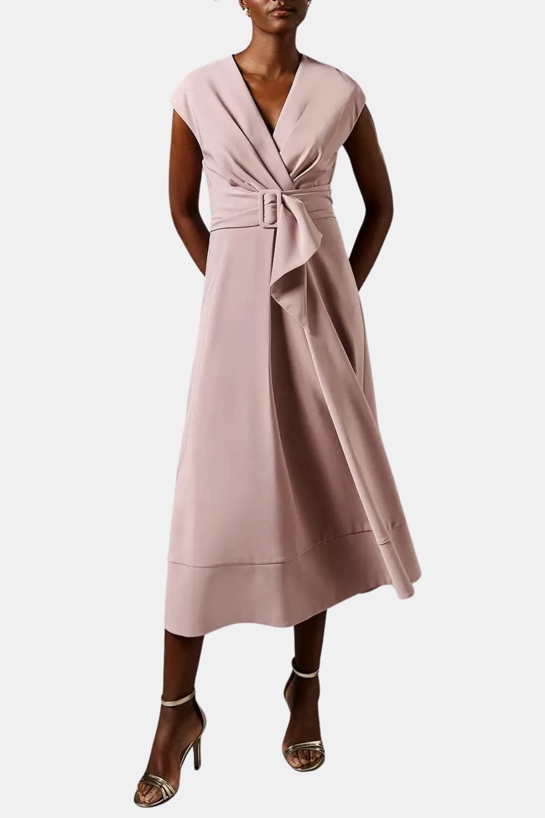 Women's Belted V-Neck Crepe Midi Dress