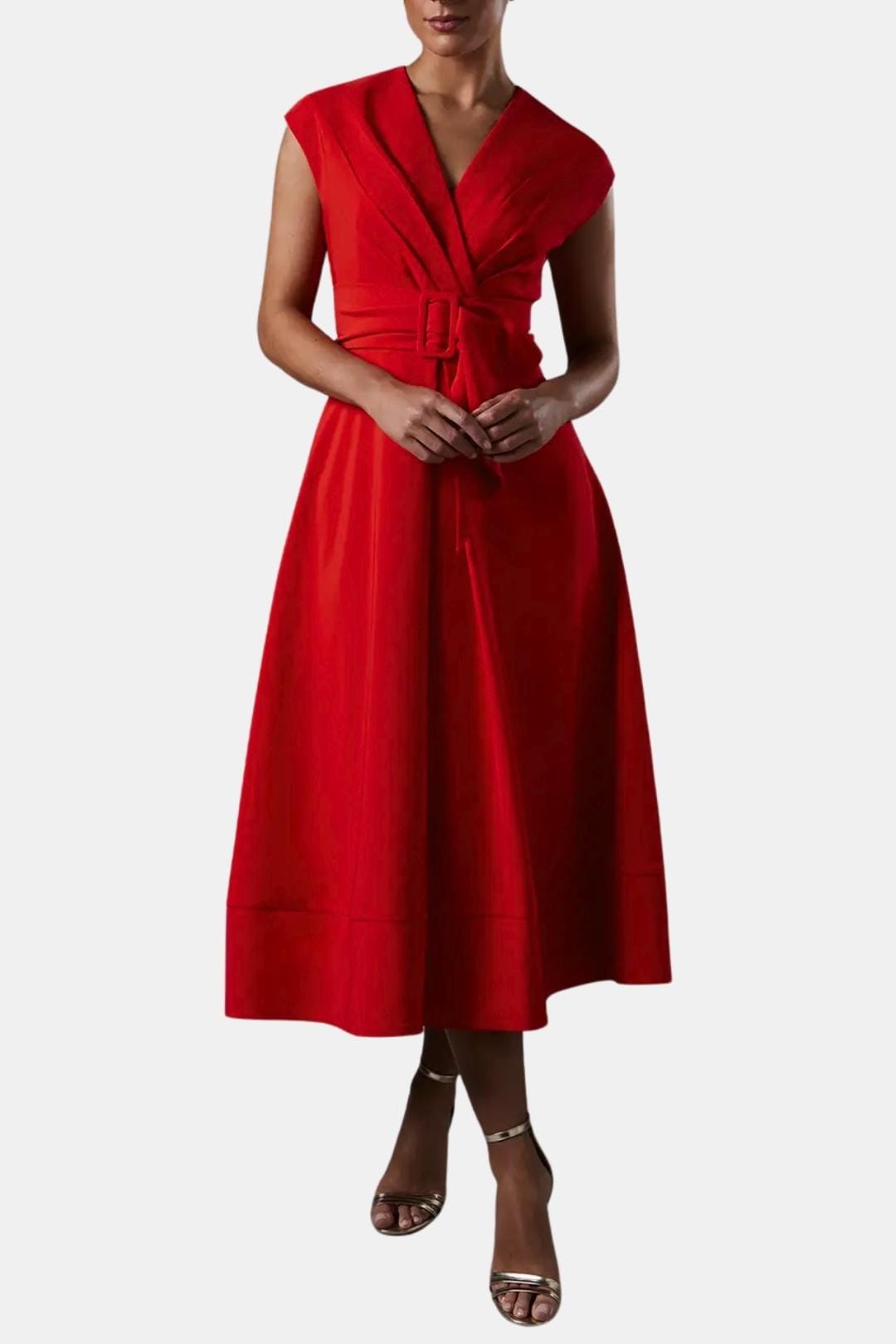 Women's Belted V-Neck Crepe Midi Dress