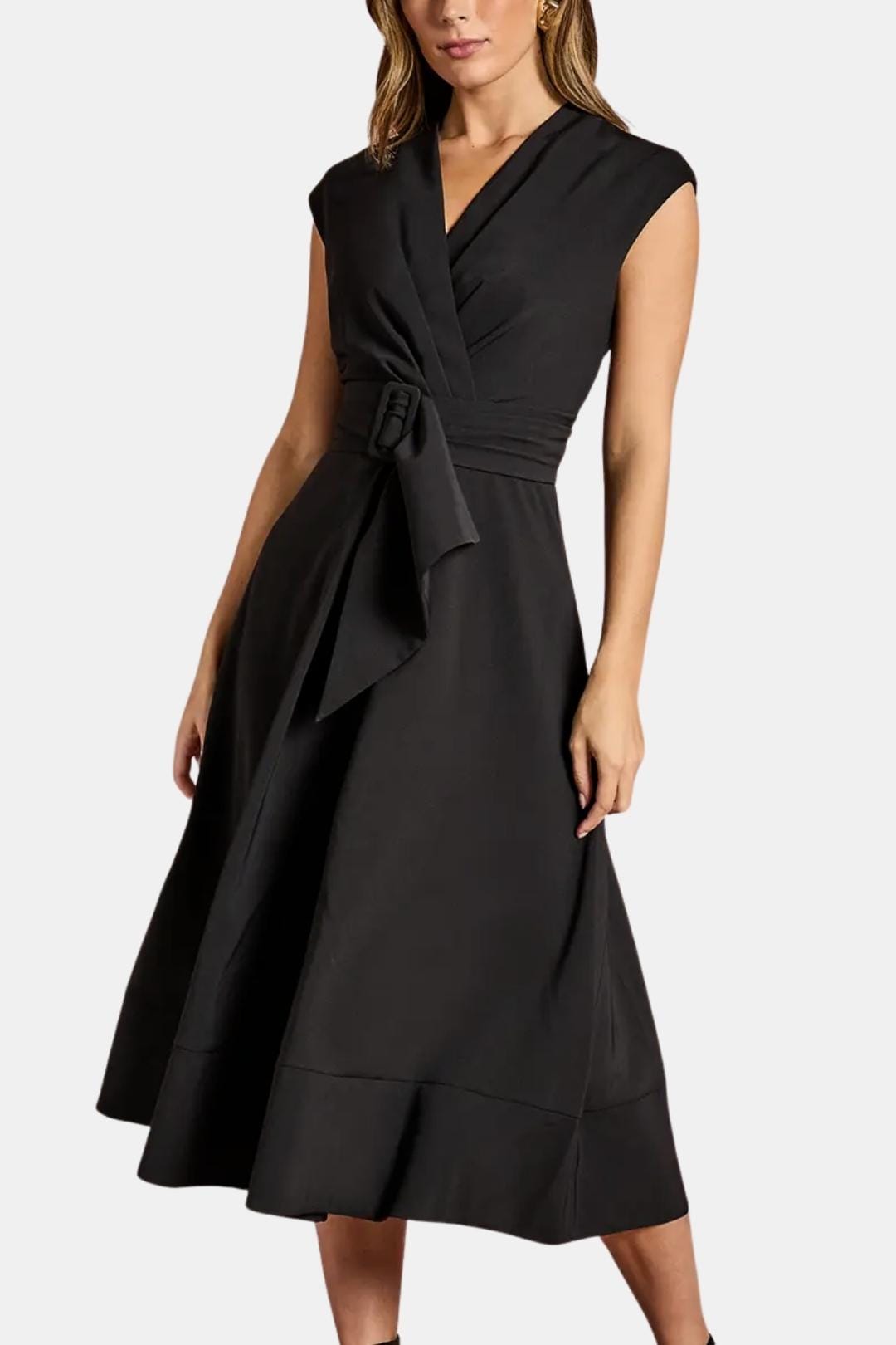 Women's Belted V-Neck Crepe Midi Dress