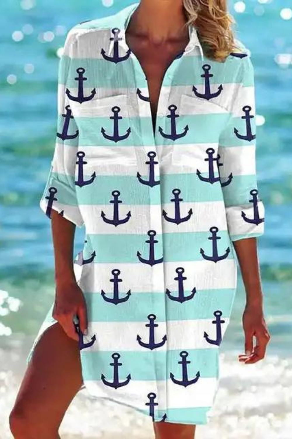 Lightweight Casual Beach Blouse With Nautical Print