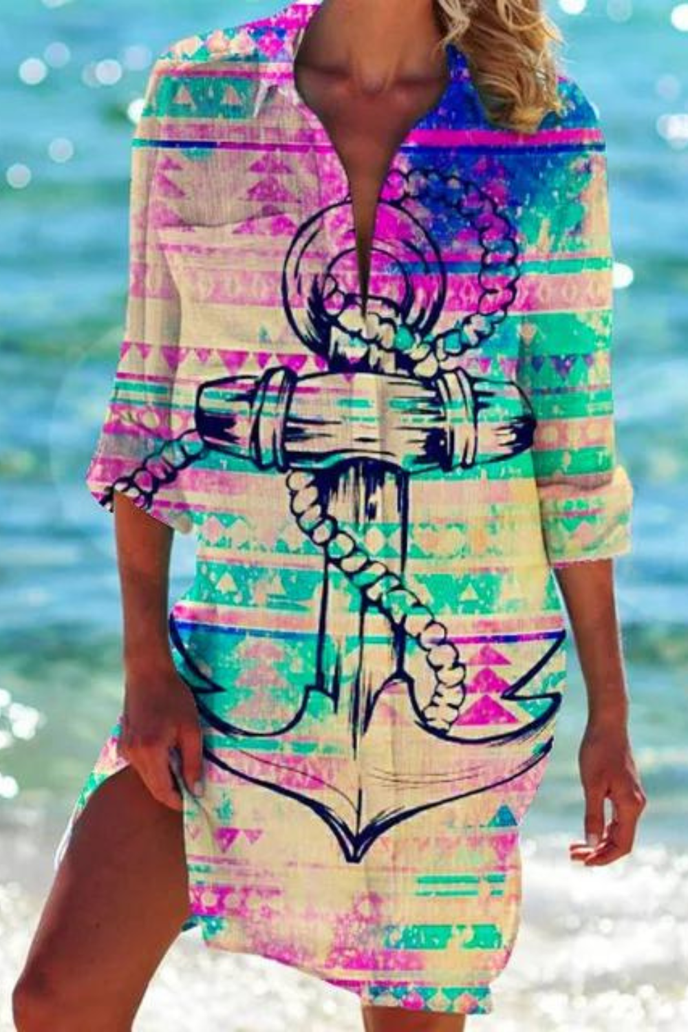 Lightweight Casual Beach Blouse With Nautical Print