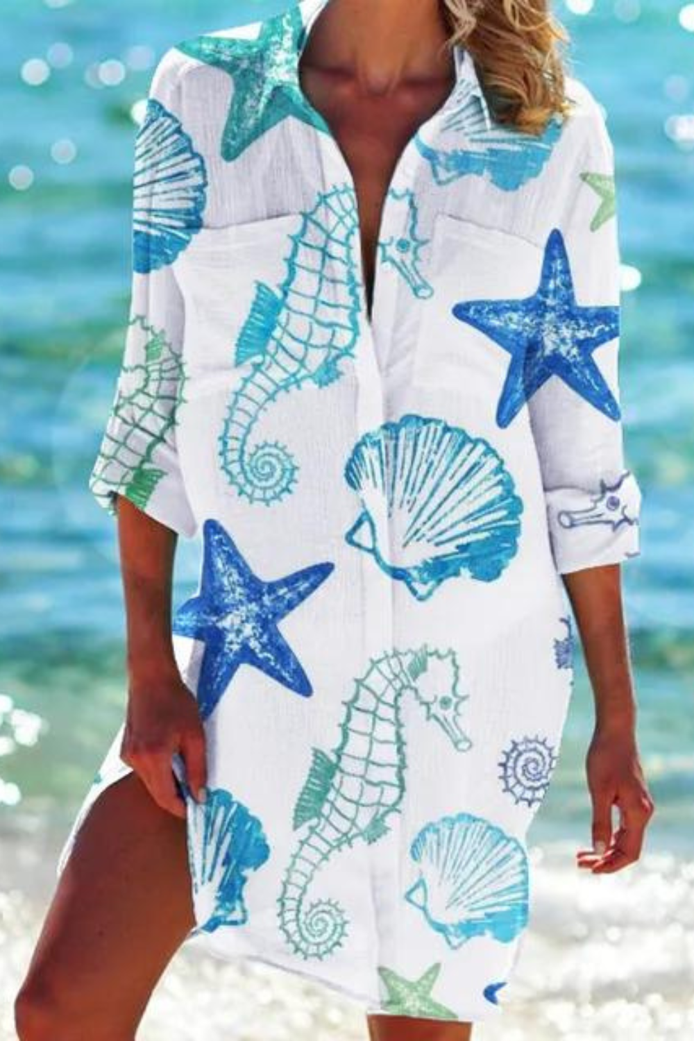 Lightweight Casual Beach Blouse With Nautical Print