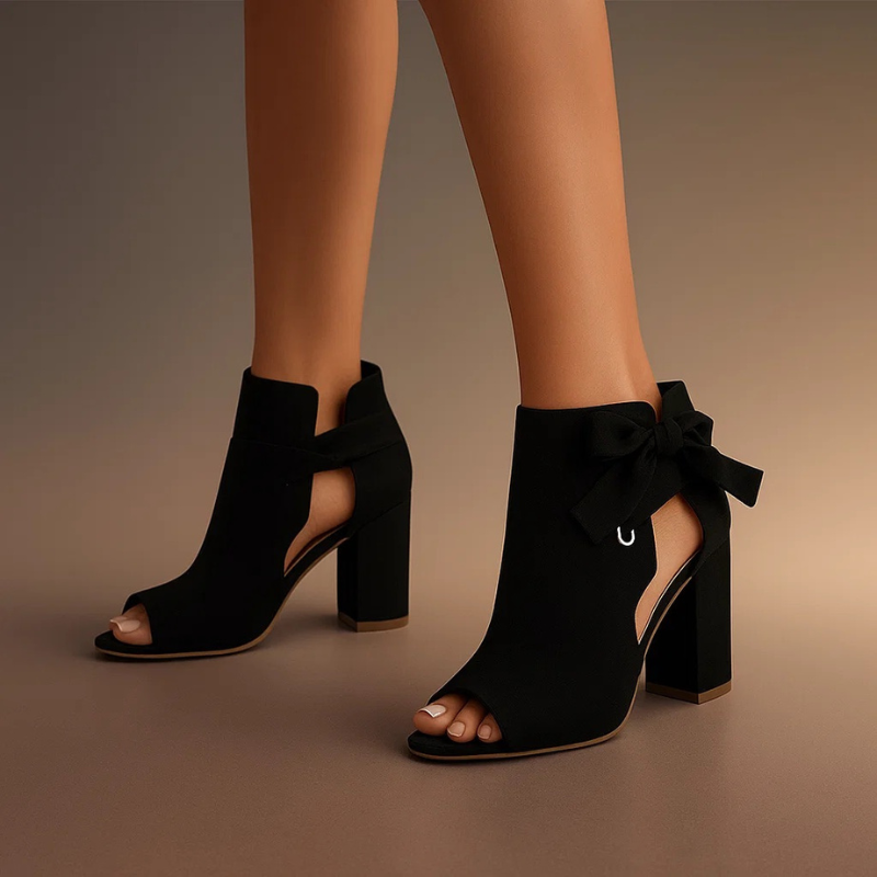Suede Block Heel Sandals with Ankle Bow Detail