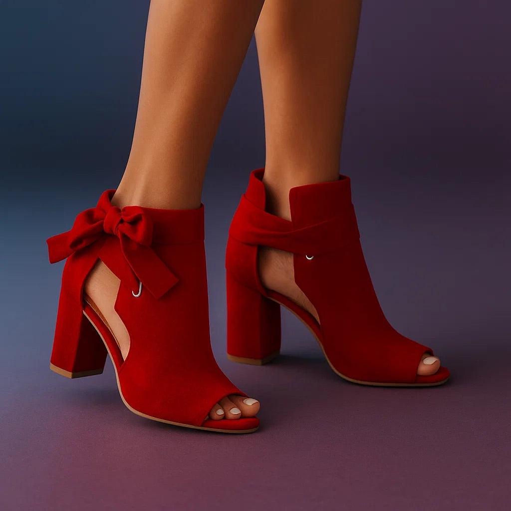 Suede Block Heel Sandals with Ankle Bow Detail