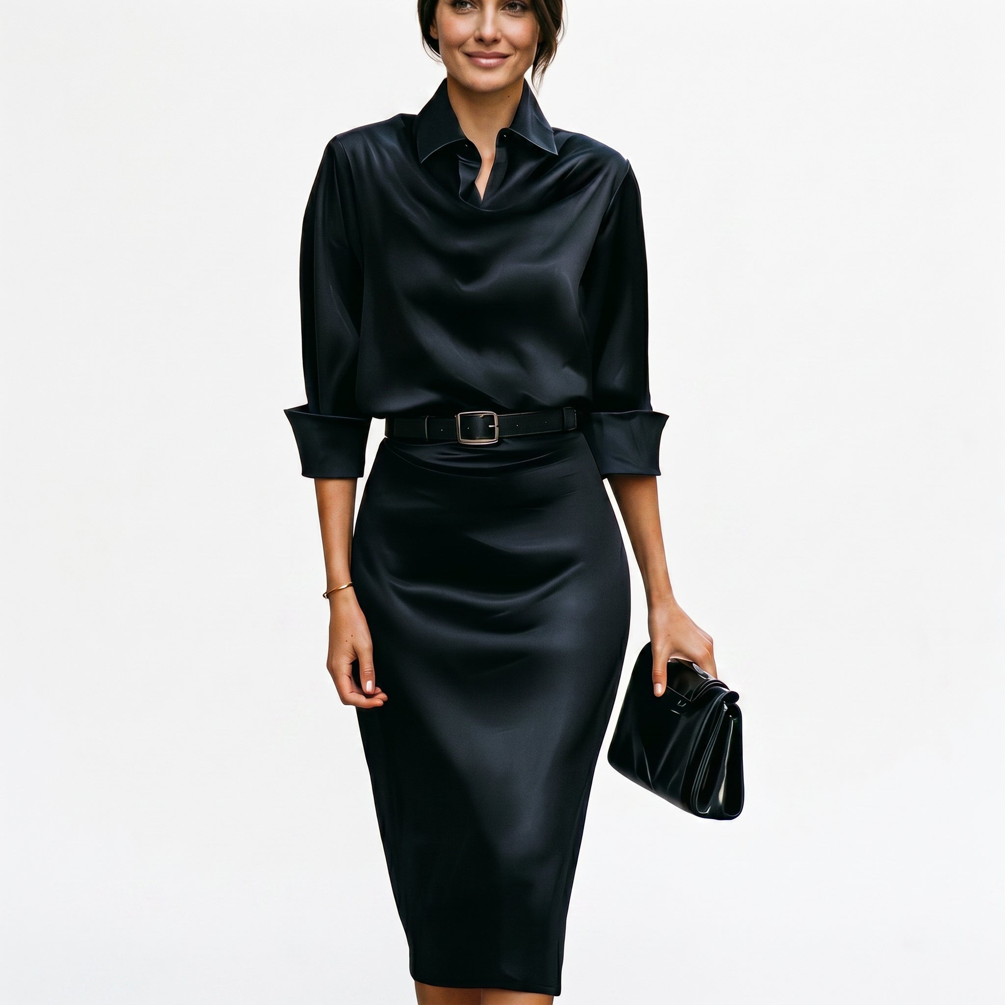 Katherine Draped Collar Satin Midi Dress