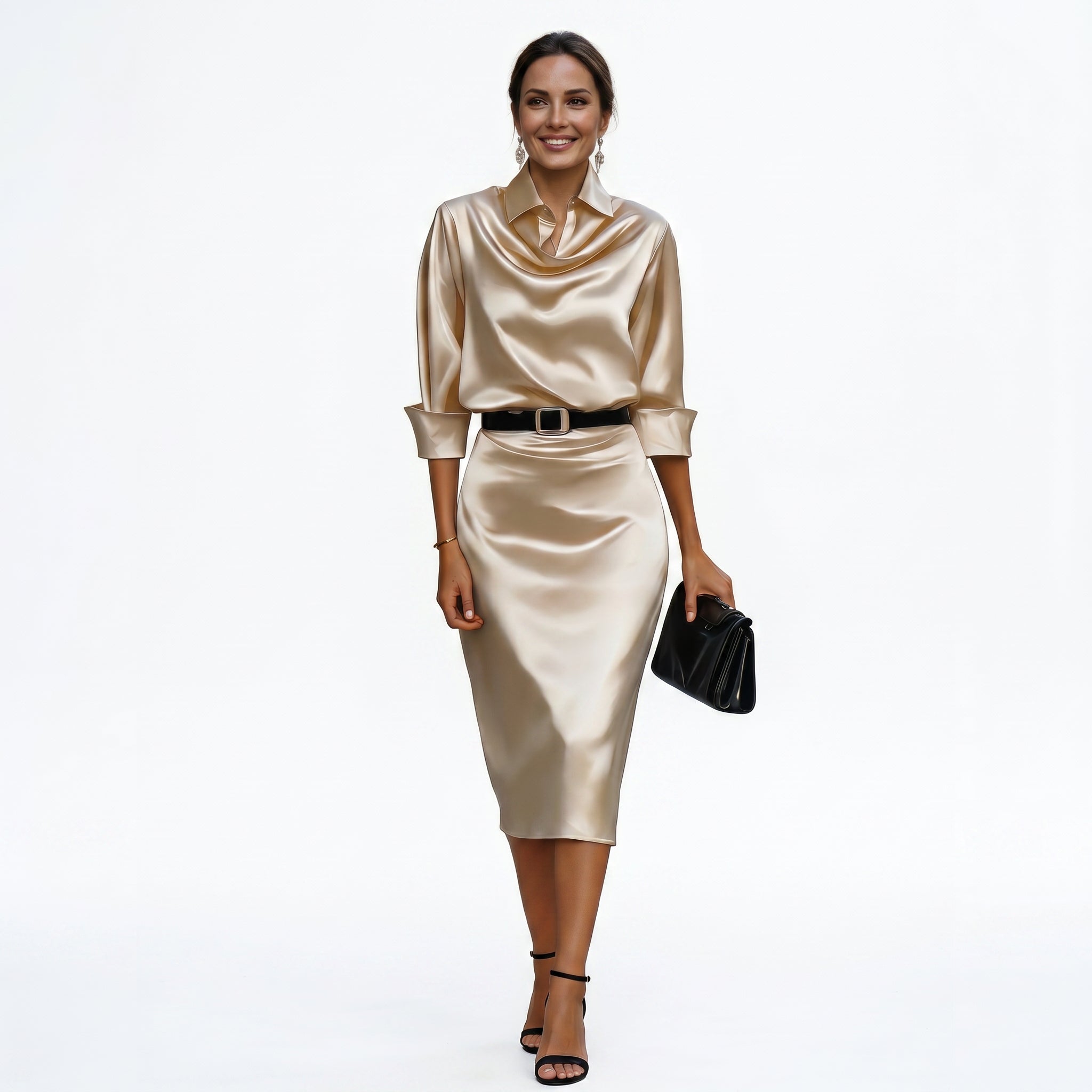 Katherine Draped Collar Satin Midi Dress