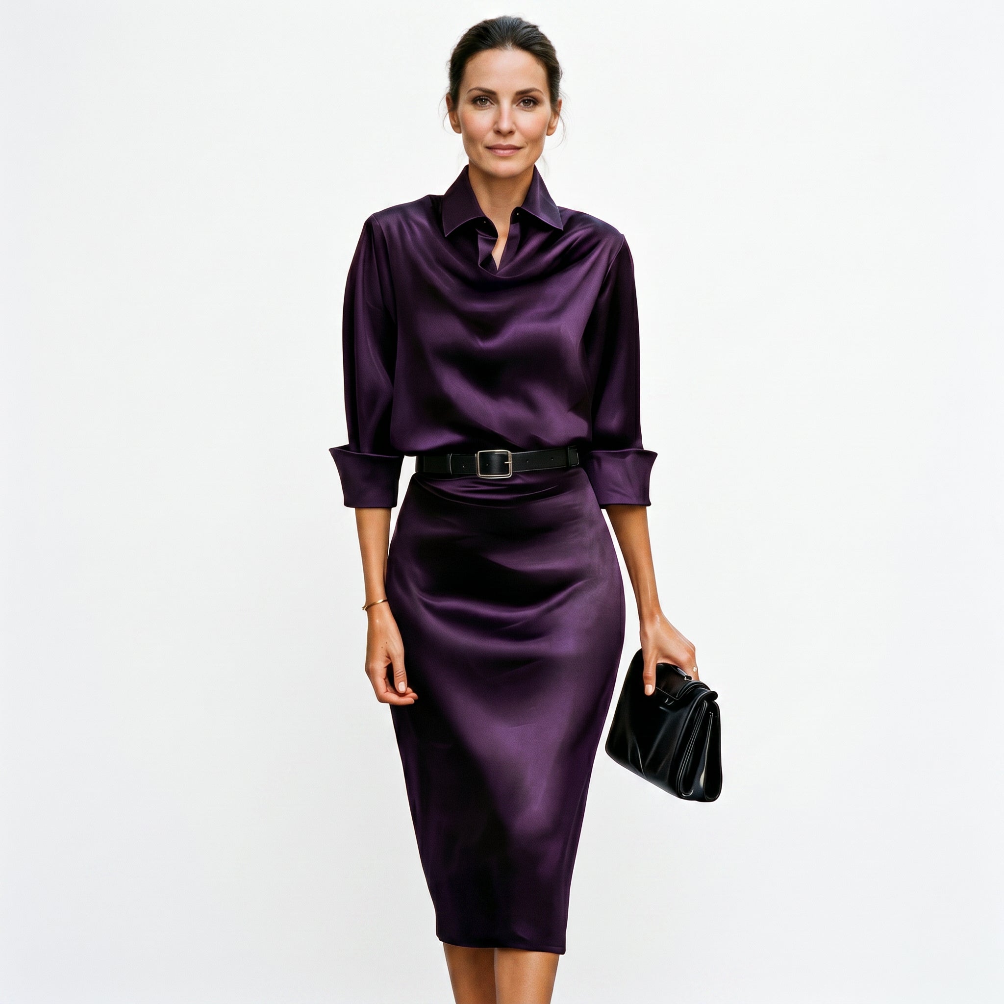 Katherine Draped Collar Satin Midi Dress