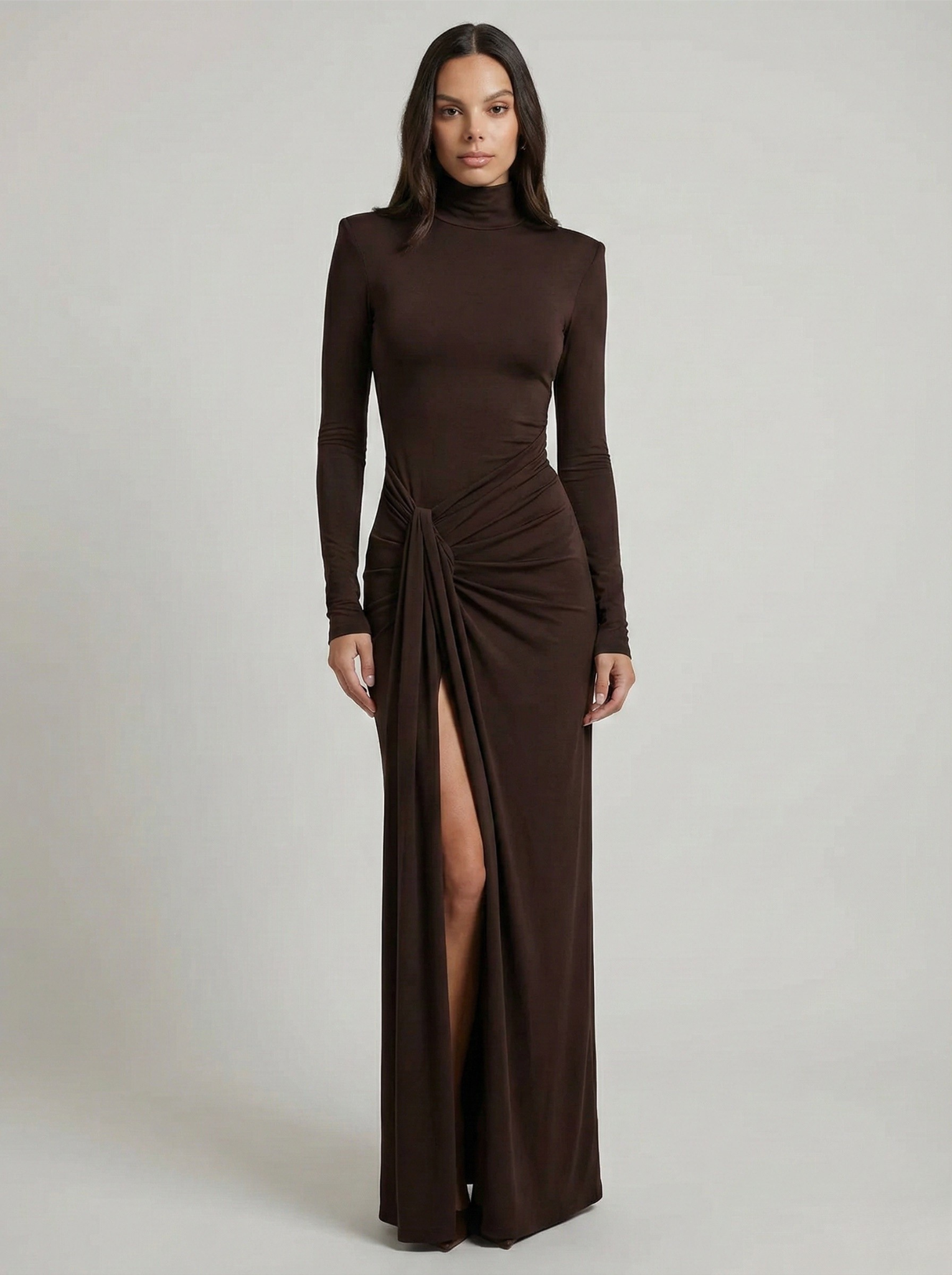 High Neck Ruched Maxi Dress With Thigh Slit
