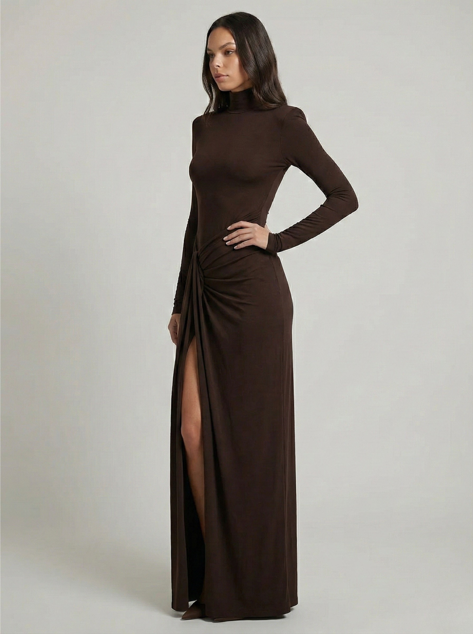High Neck Ruched Maxi Dress With Thigh Slit