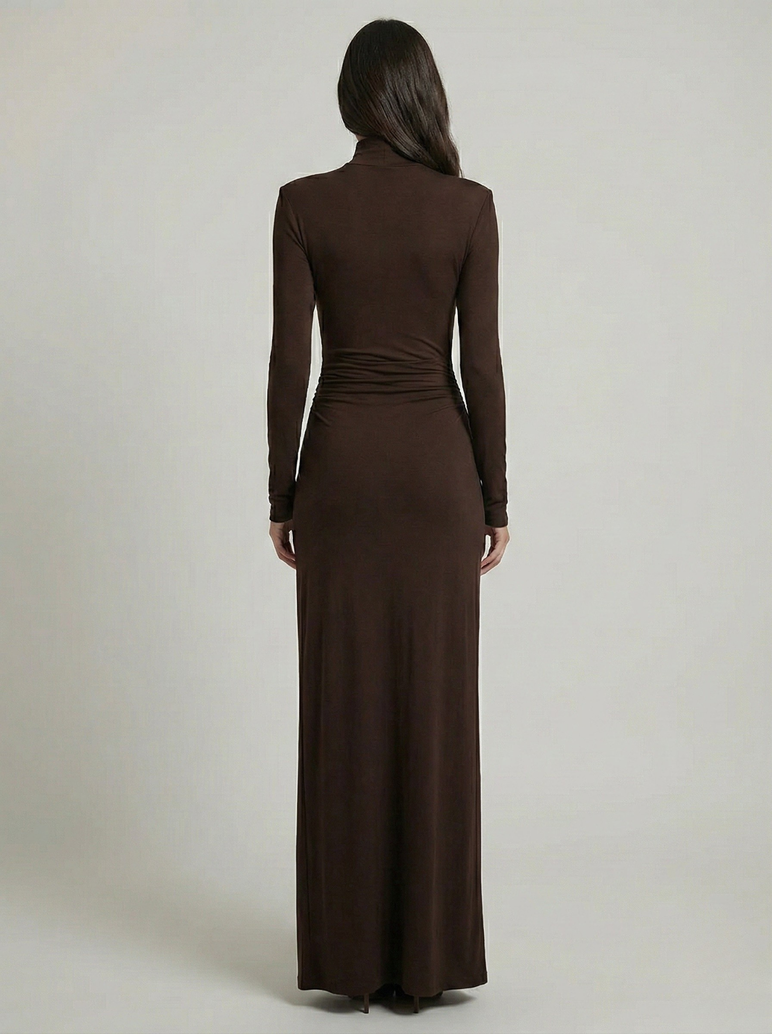 High Neck Ruched Maxi Dress With Thigh Slit
