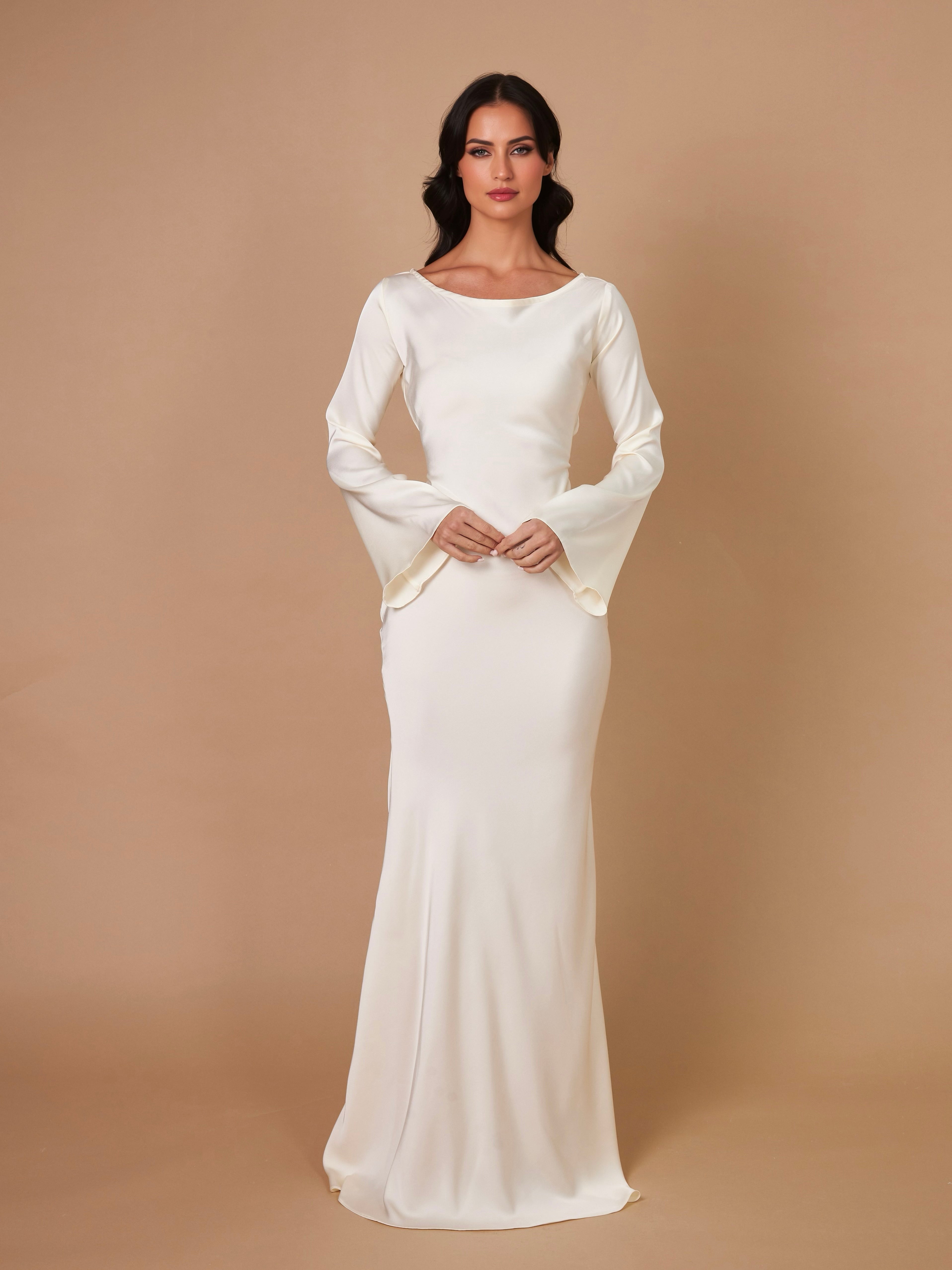 Long Sleeve Satin Empire Waist Maxi Dress