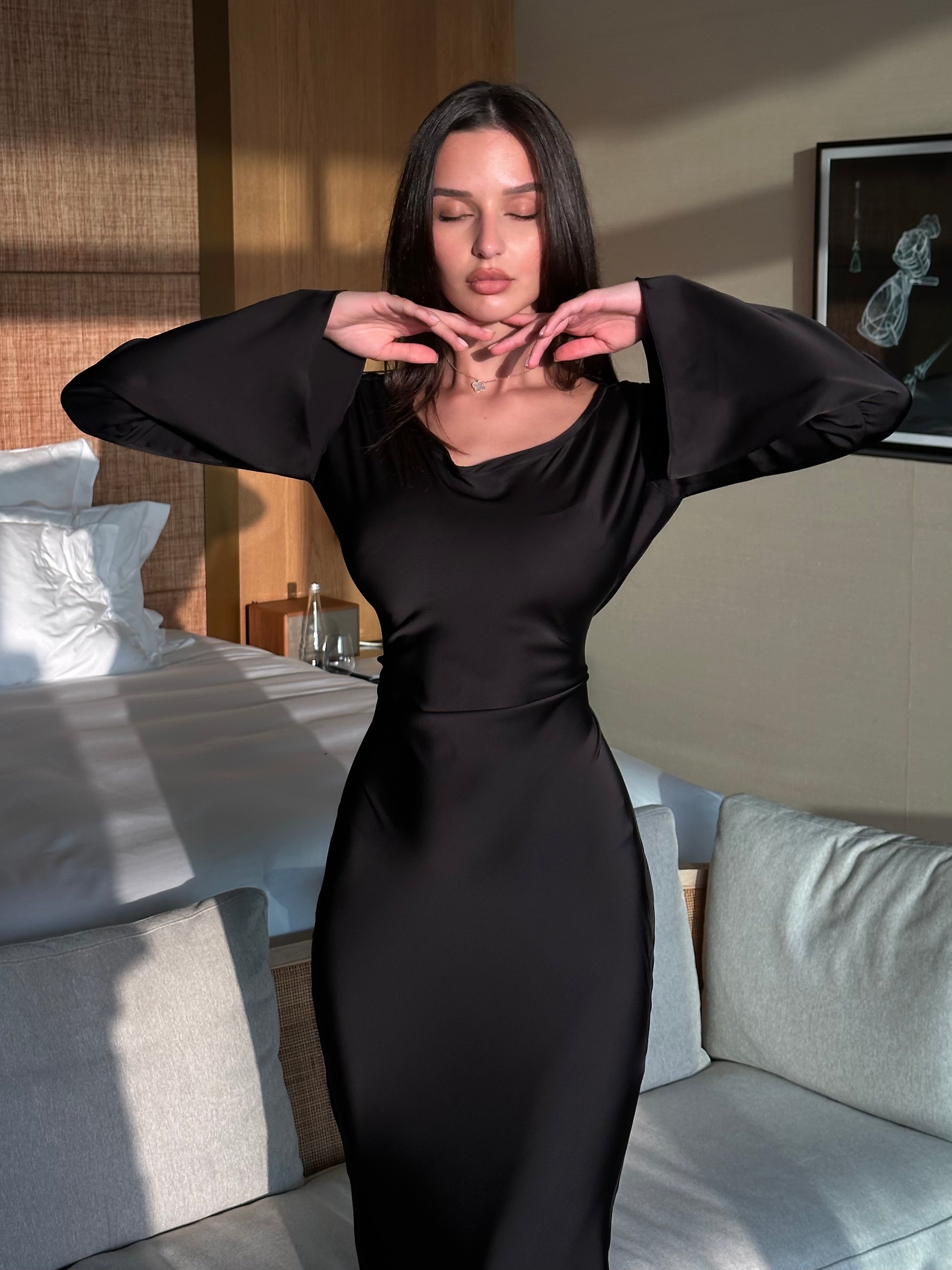 Long Sleeve Satin Empire Waist Maxi Dress
