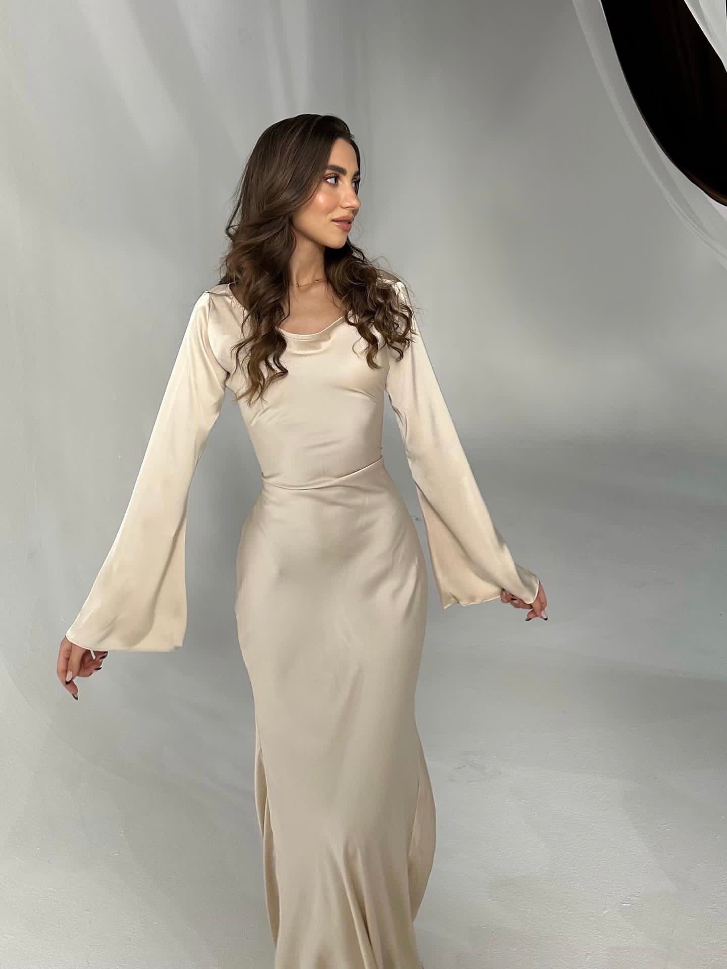 Long Sleeve Satin Empire Waist Maxi Dress