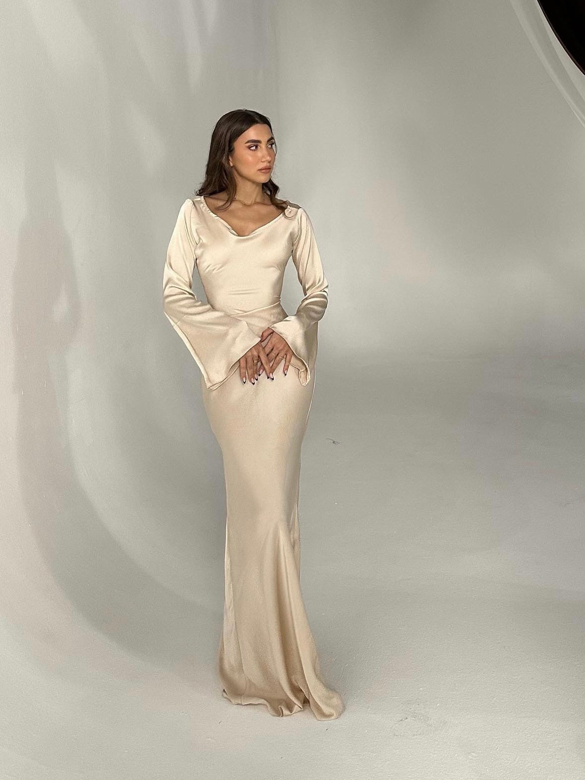 Long Sleeve Satin Empire Waist Maxi Dress