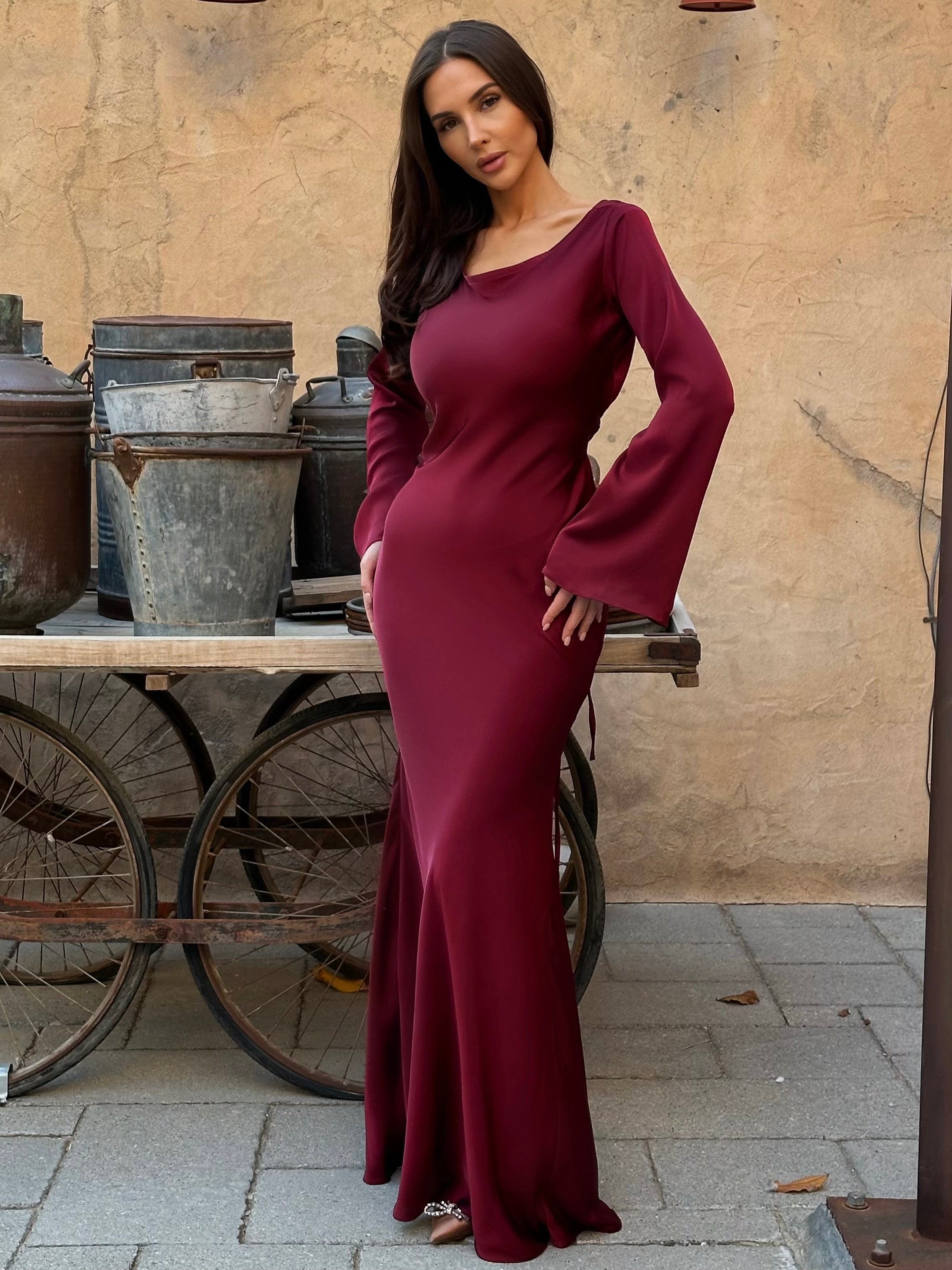 Long Sleeve Satin Empire Waist Maxi Dress