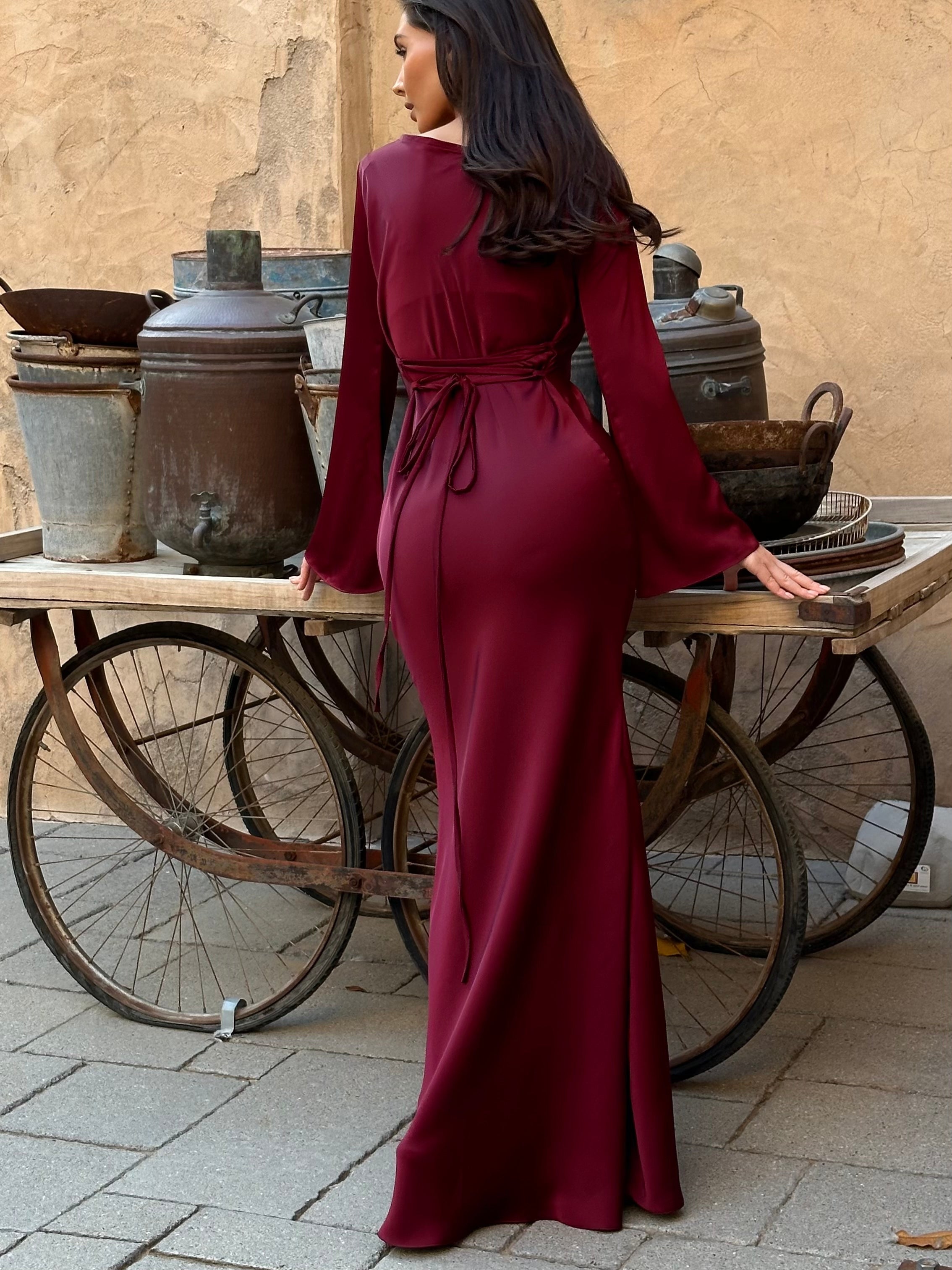 Long Sleeve Satin Empire Waist Maxi Dress