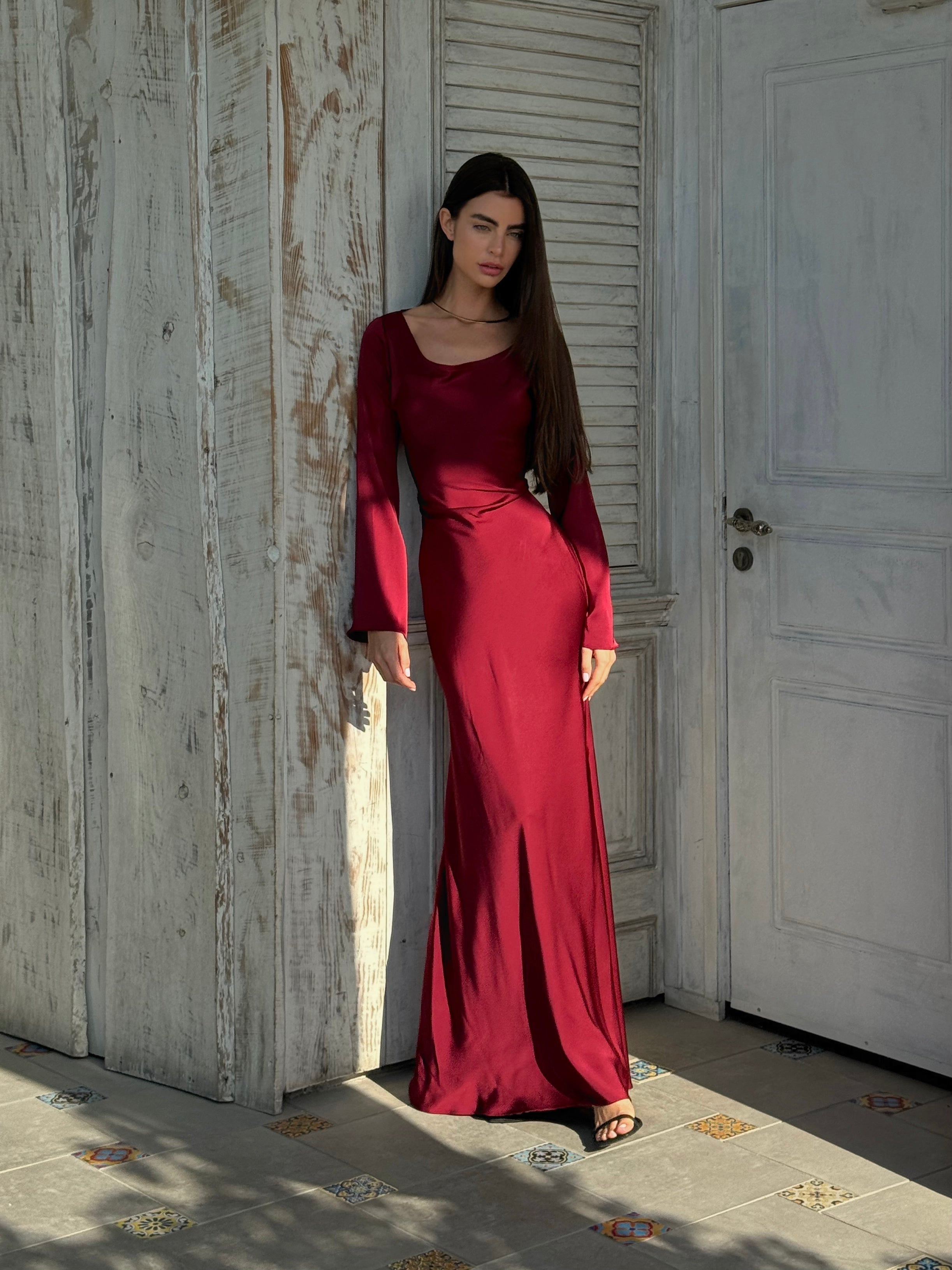 Long Sleeve Satin Empire Waist Maxi Dress