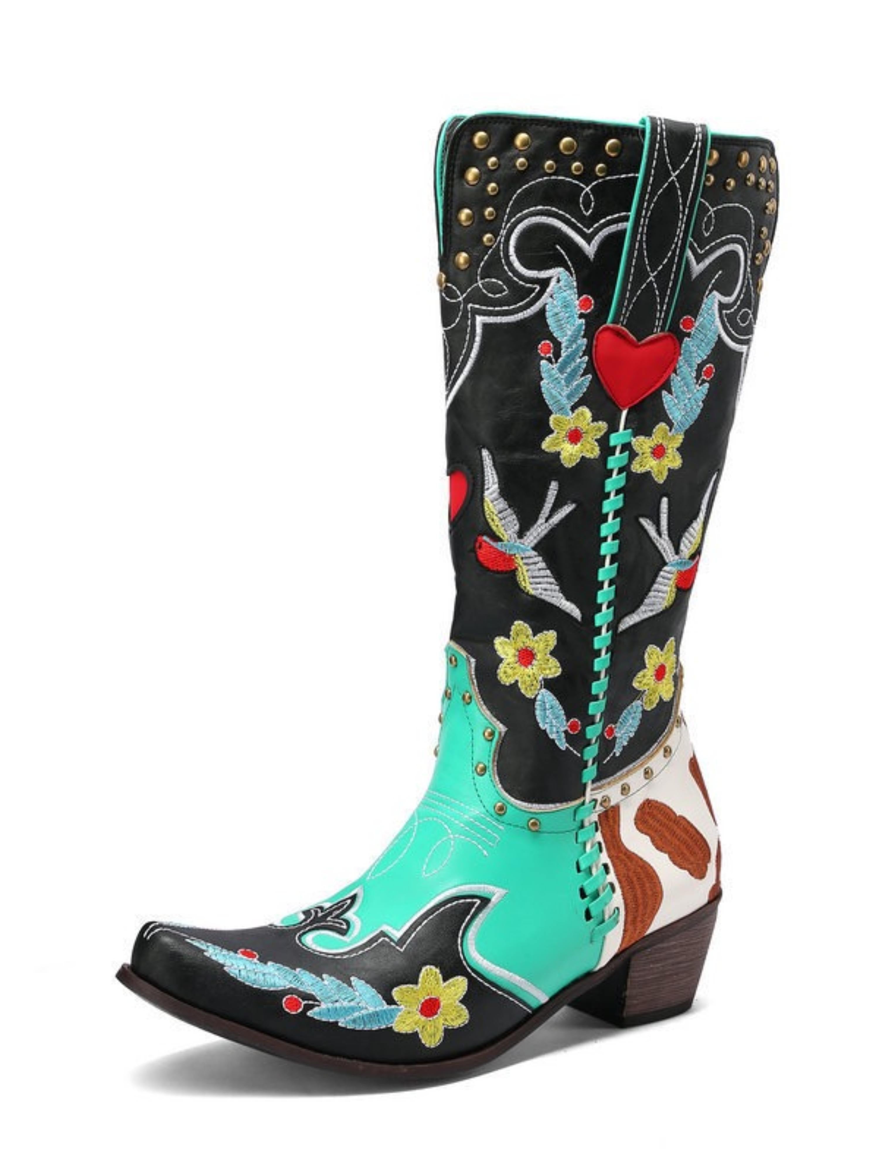 Bird and Flower Colorful Mid Calf Cowgirl Boots Snip Toe