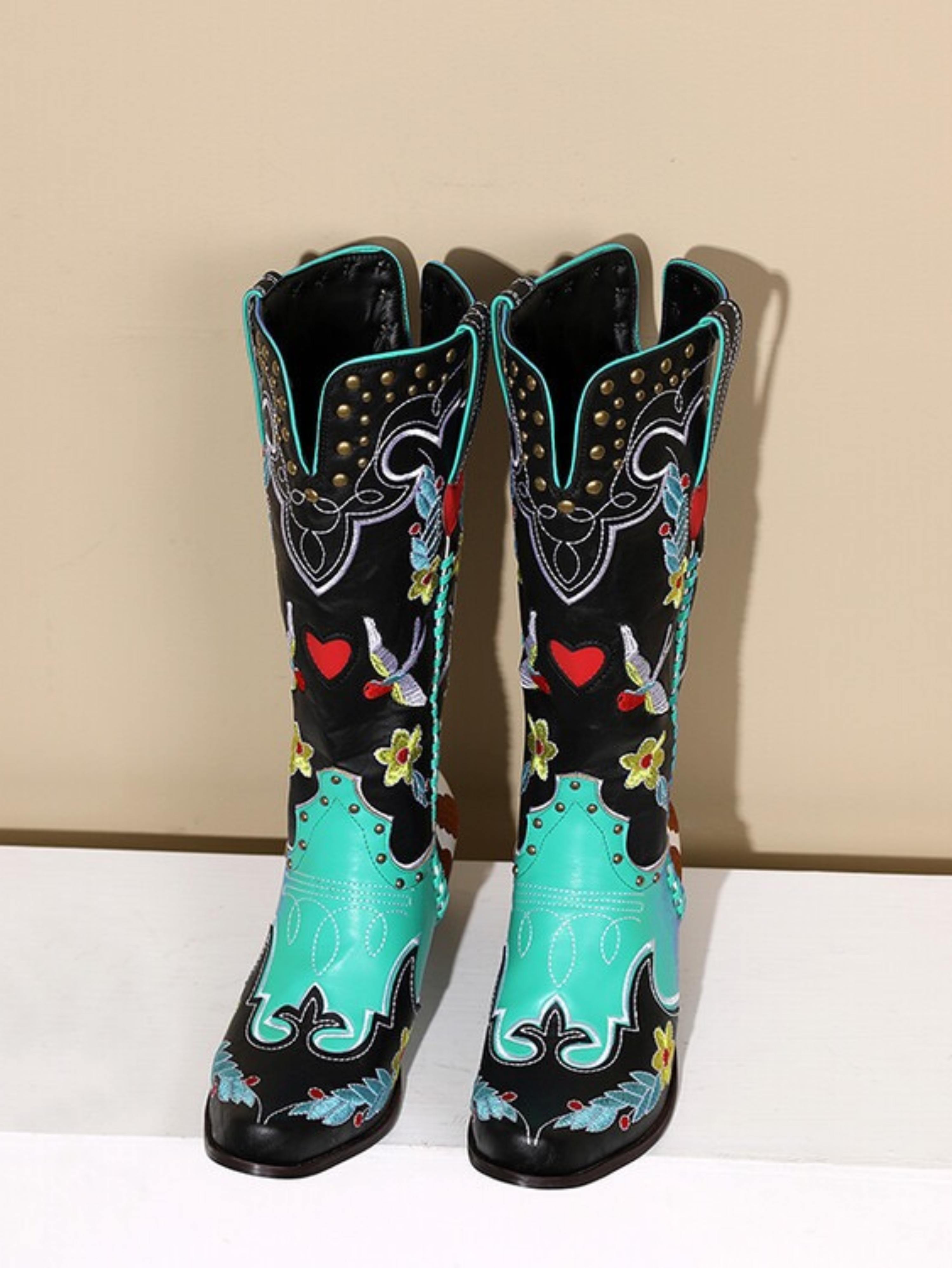 Bird and Flower Colorful Mid Calf Cowgirl Boots Snip Toe
