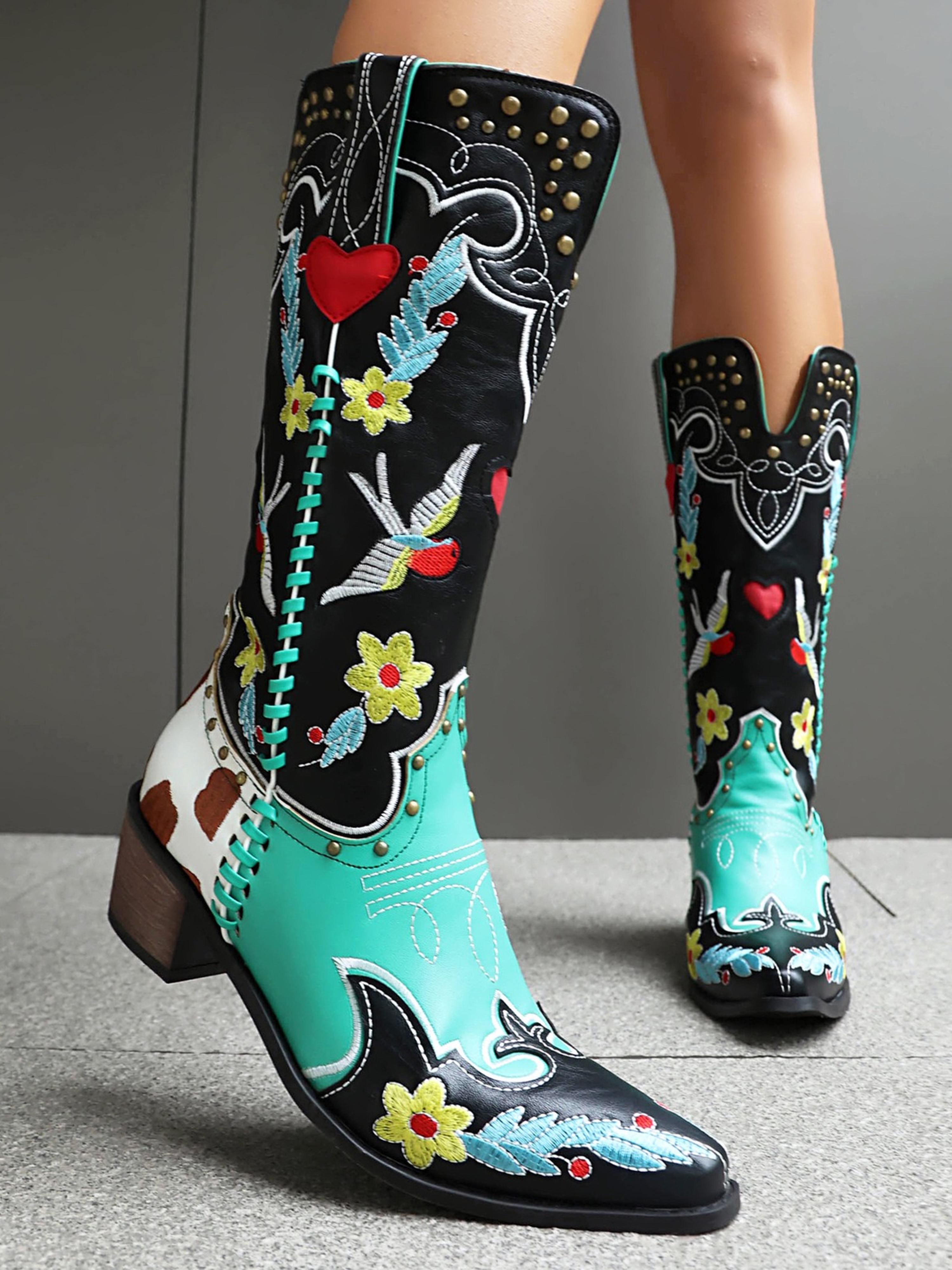 Bird and Flower Colorful Mid Calf Cowgirl Boots Snip Toe
