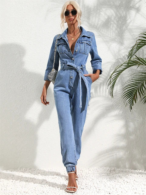 Women's Casual Denim Jumpsuit with Belt