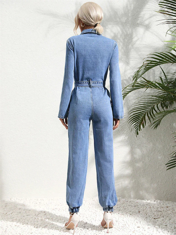 Women's Casual Denim Jumpsuit with Belt