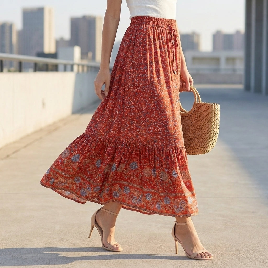 Tiered Boho Floral Maxi Skirt with Ruffle Hem