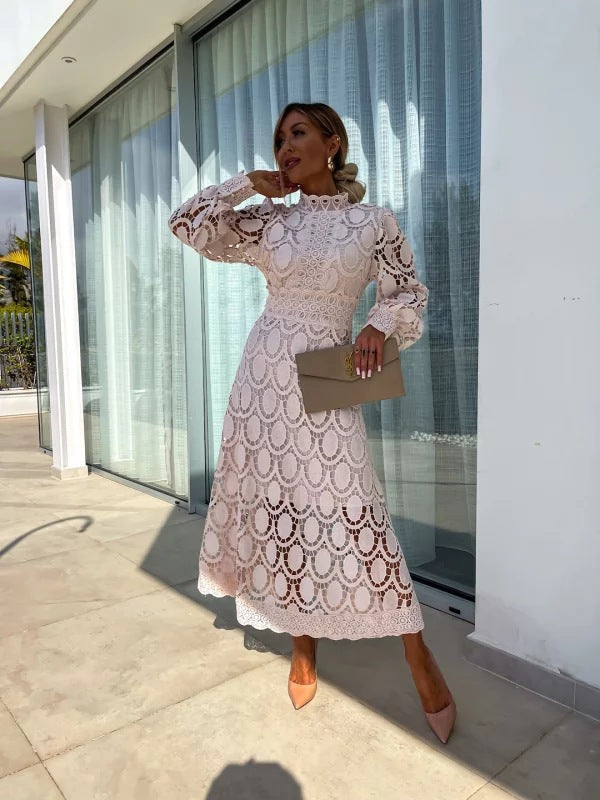 High Neck Lace Midi Dress With Puffed Sleeves