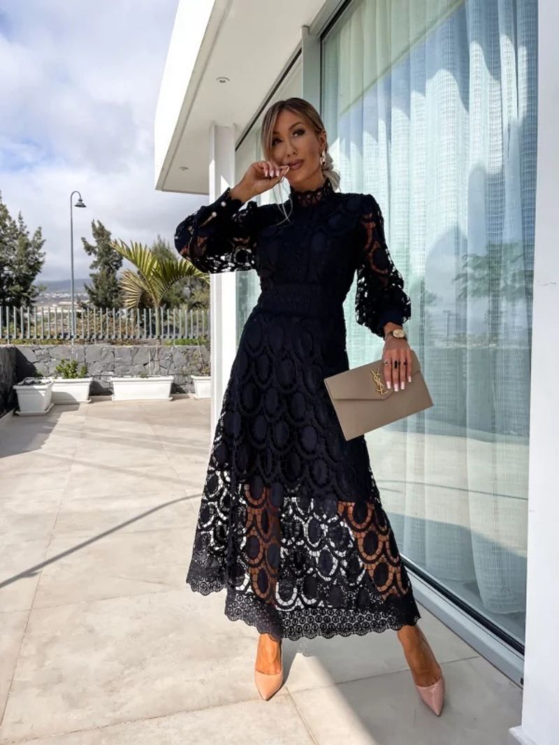 High Neck Lace Midi Dress With Puffed Sleeves