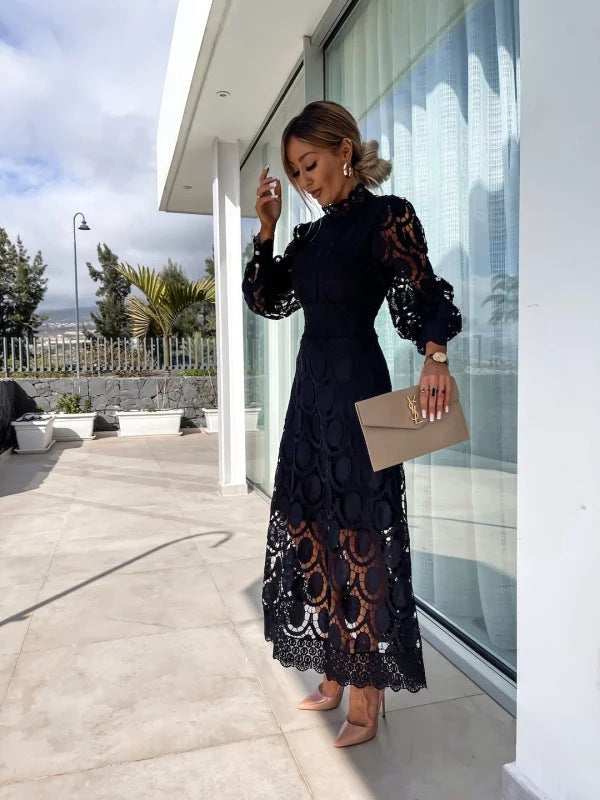 High Neck Lace Midi Dress With Puffed Sleeves