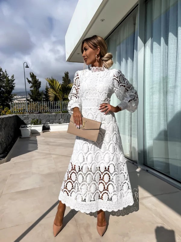 High Neck Lace Midi Dress With Puffed Sleeves