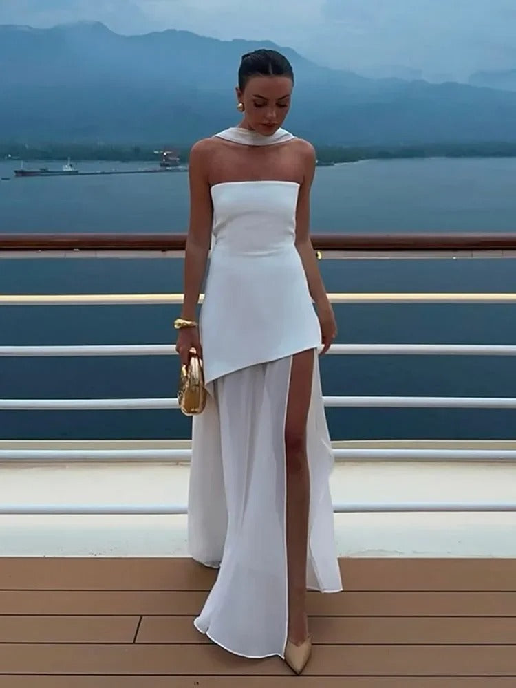 Strapless High-Slit Maxi Dress With Sheer Overlay