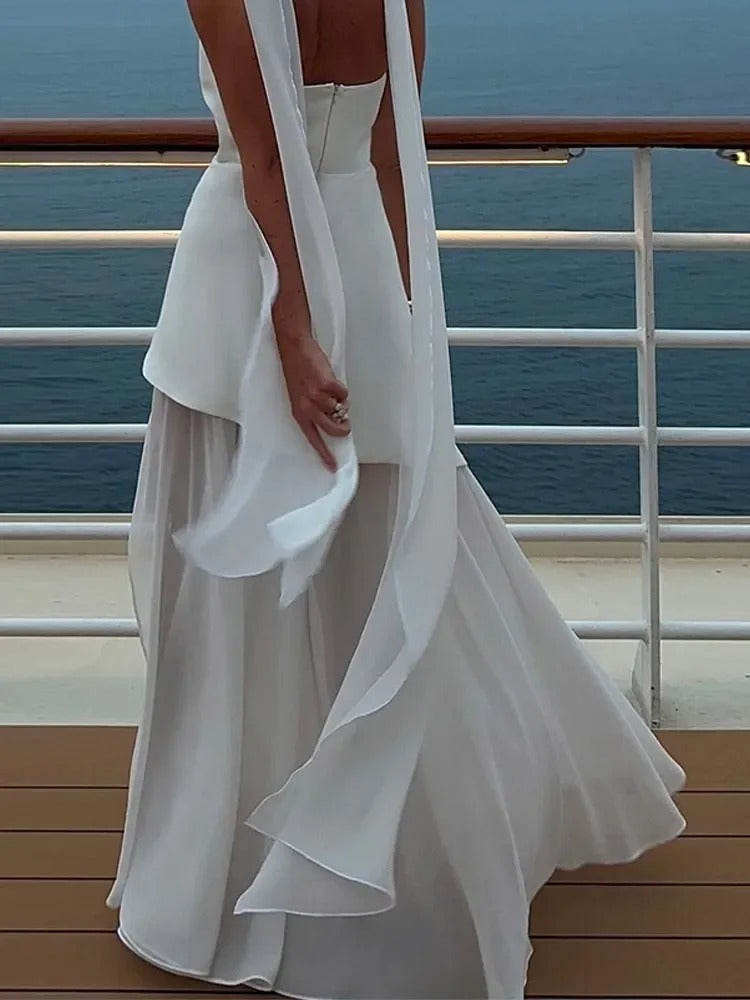 Strapless High-Slit Maxi Dress With Sheer Overlay