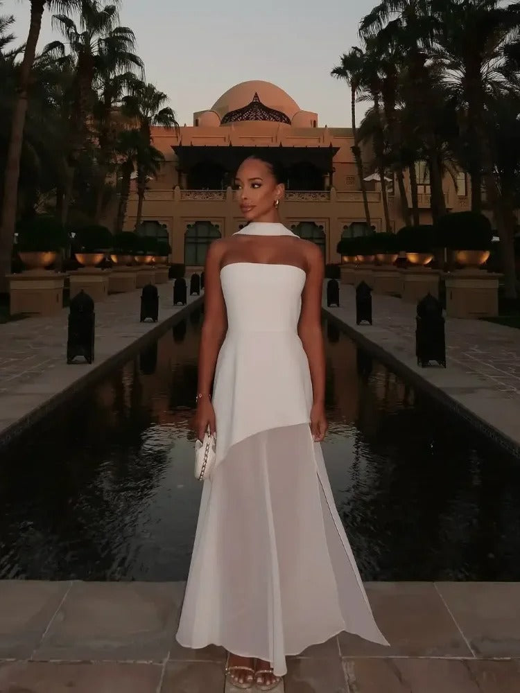 Strapless High-Slit Maxi Dress With Sheer Overlay