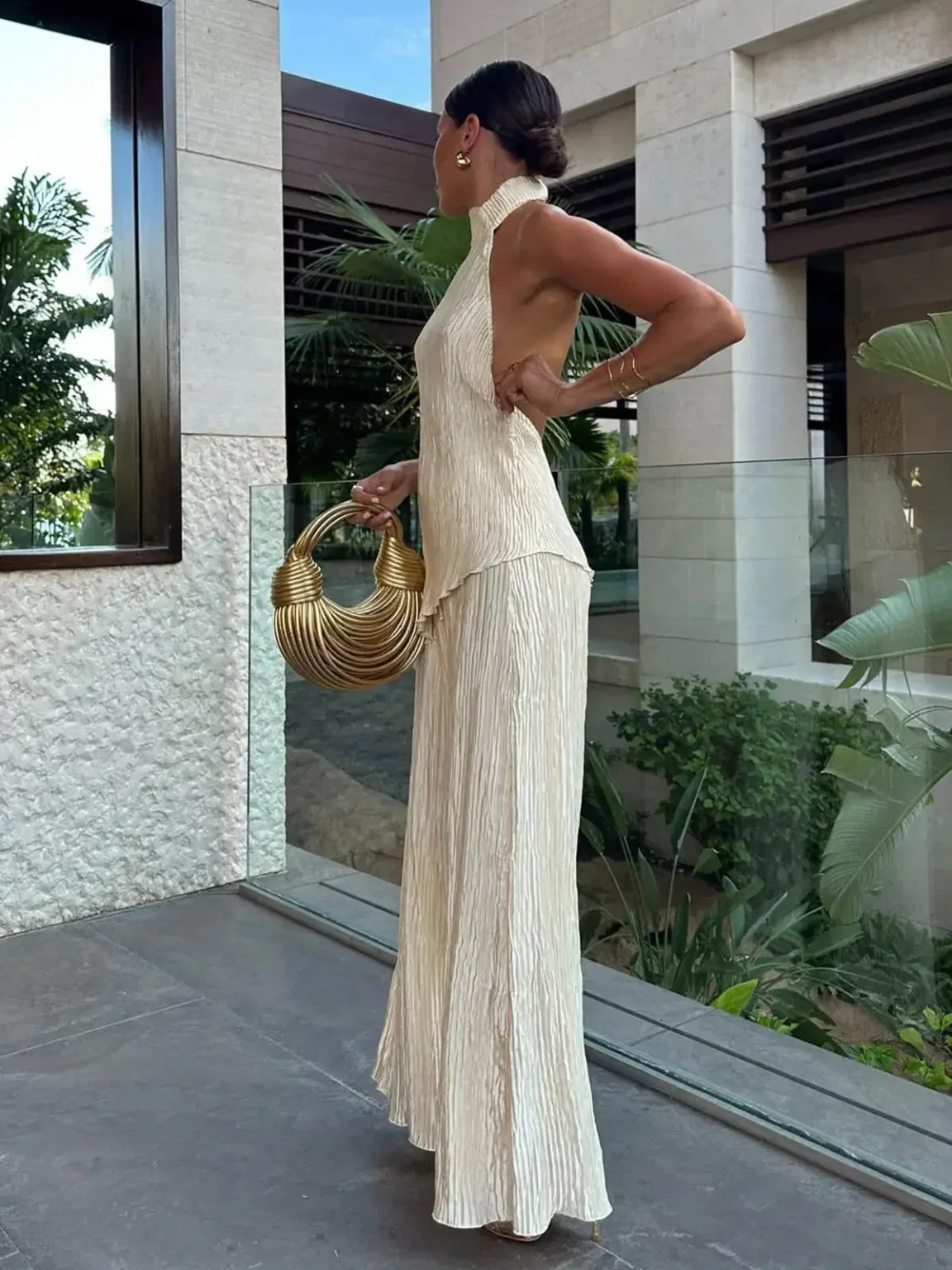 Halter Neck Pleated Wide-Leg Two-Piece Set